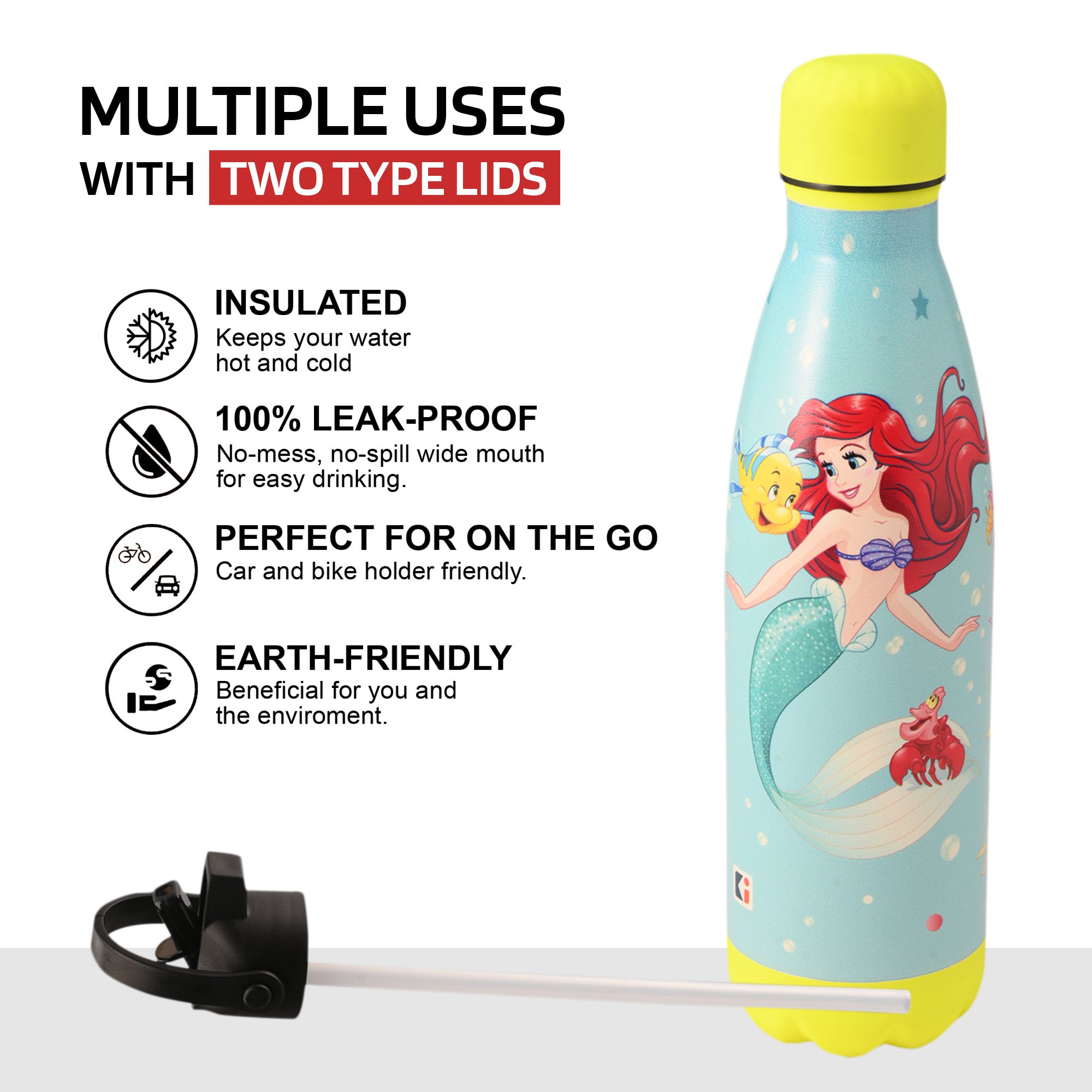 Kuber Industries Water Bottle with 2 Lids  Disney Mermaid  500 ml Insulated Sipper Bottle for Adults  Kids with Straw  BPA-Free  Stainless Steel Bottle for Travel  Sports  Sky Blue