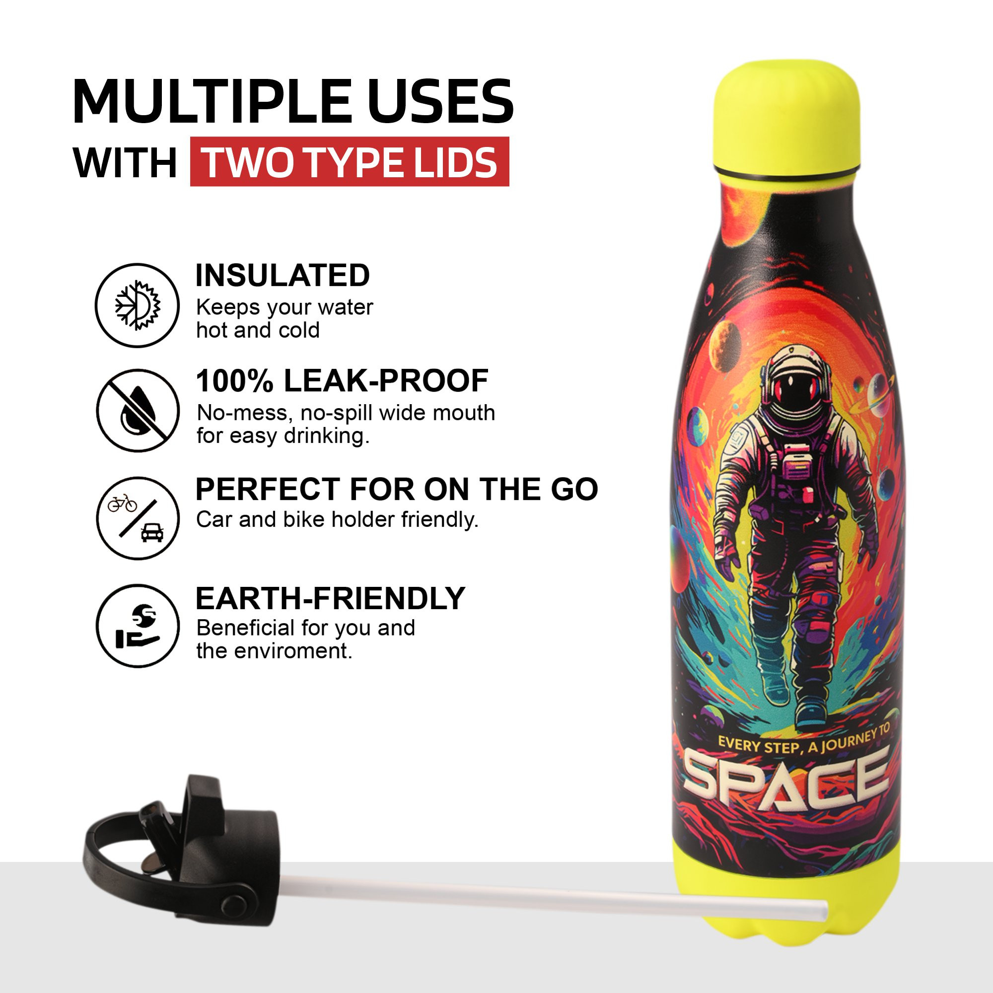 Kuber Industries Water Bottle with 2 Lids  Journey To Space  500 ml Insulated Sipper Bottle for Adults  Kids with Straw  Stainless Steel Bottle for Travel  Sports  Multicolor