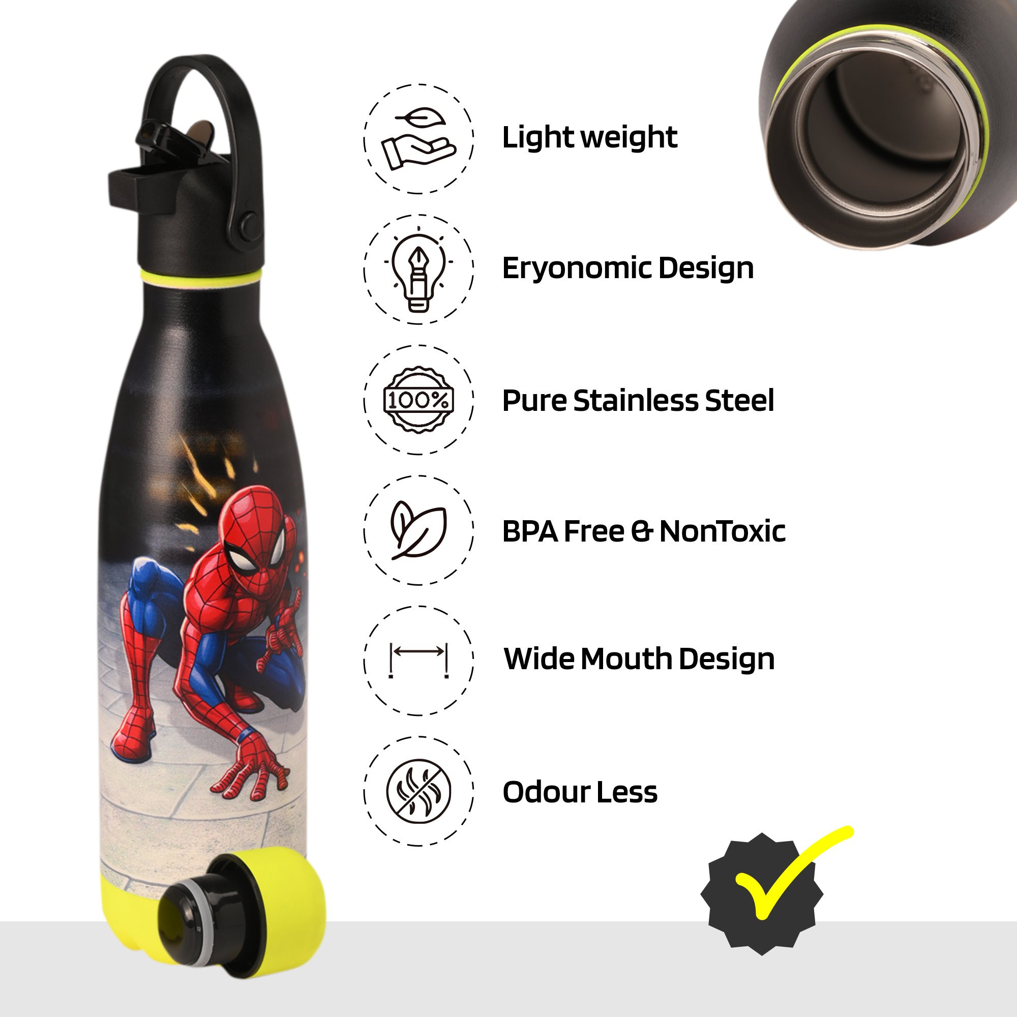 Kuber Industries Water Bottle with 2 Lids  Marvel Spiderman  500 ml Insulated Sipper Bottle for Adults  Kids with Straw  BPA-Free  Stainless Steel Bottle for Travel-Gym  Sports  Red