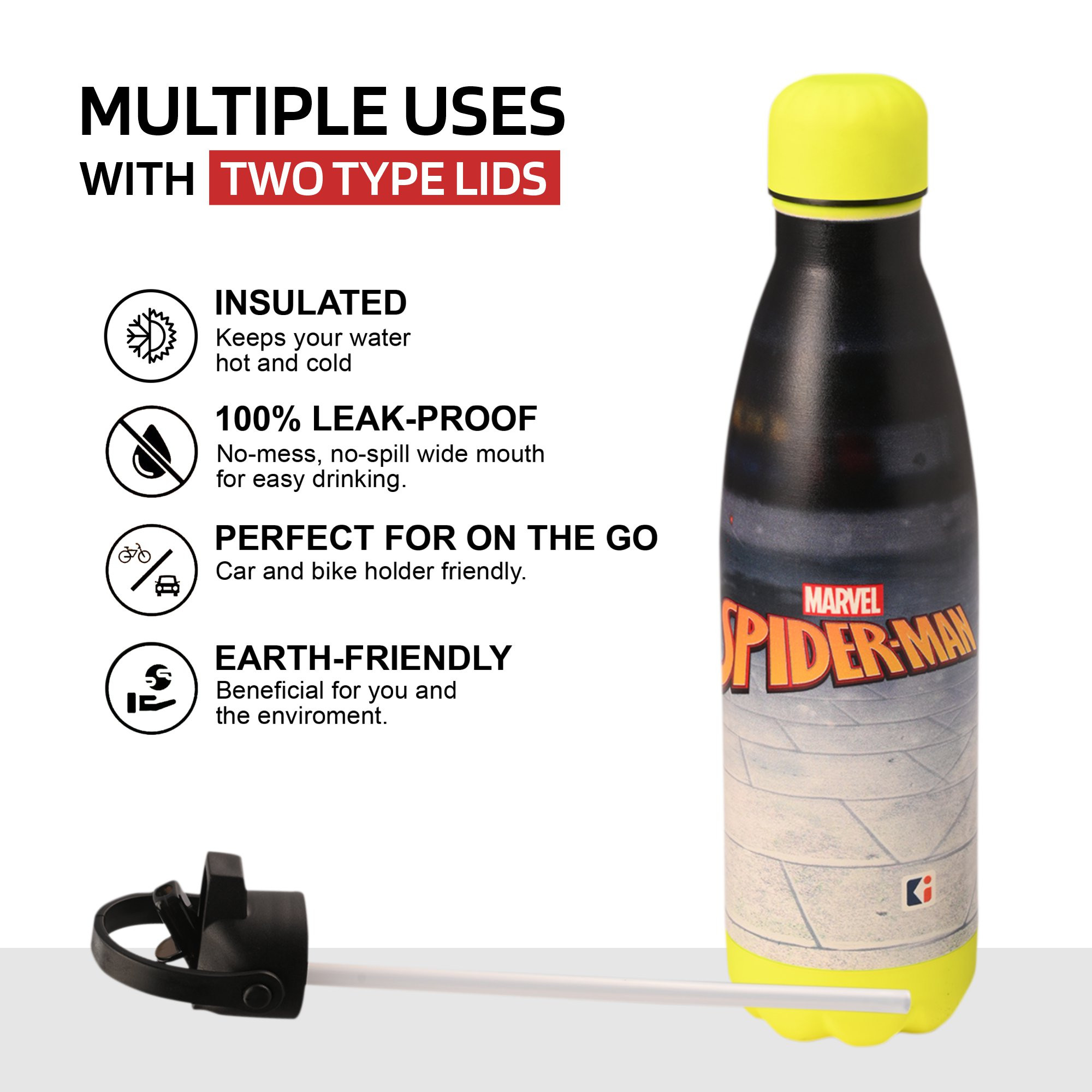 Kuber Industries Water Bottle with 2 Lids  Marvel Spiderman  500 ml Insulated Sipper Bottle for Adults  Kids with Straw  BPA-Free  Stainless Steel Bottle for Travel-Gym  Sports  Red