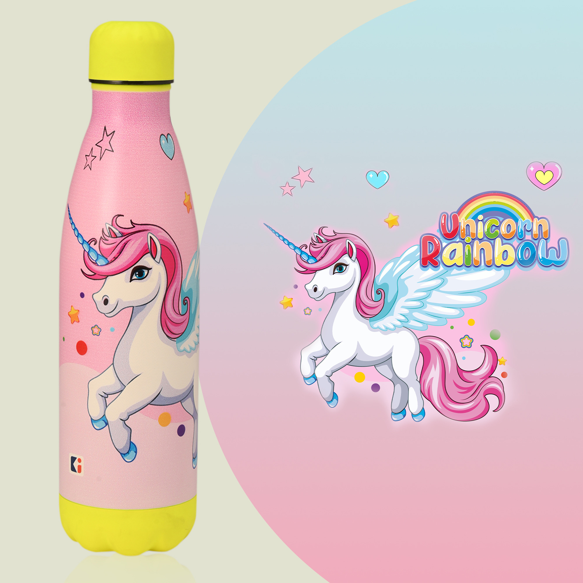 Kuber Industries Water Bottle with 2 Lids  Unicorn Rainbow  500 ml Insulated Sipper Bottle for Adults  Kids with Straw  BPA-Free  Stainless Steel Bottle for Travel-Gym  Sports  Pink