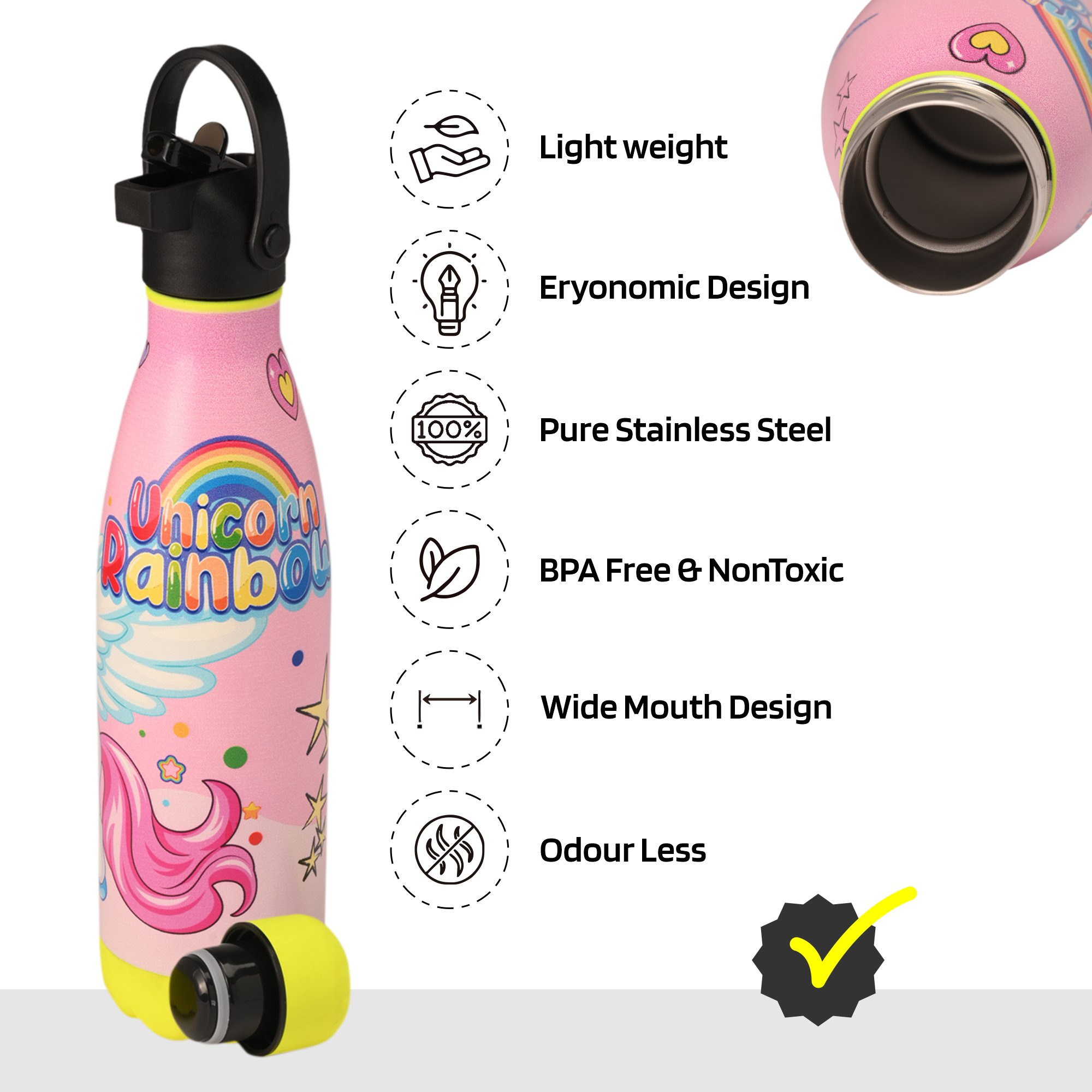 Kuber Industries Water Bottle with 2 Lids  Unicorn Rainbow  500 ml Insulated Sipper Bottle for Adults  Kids with Straw  BPA-Free  Stainless Steel Bottle for Travel-Gym  Sports  Pink