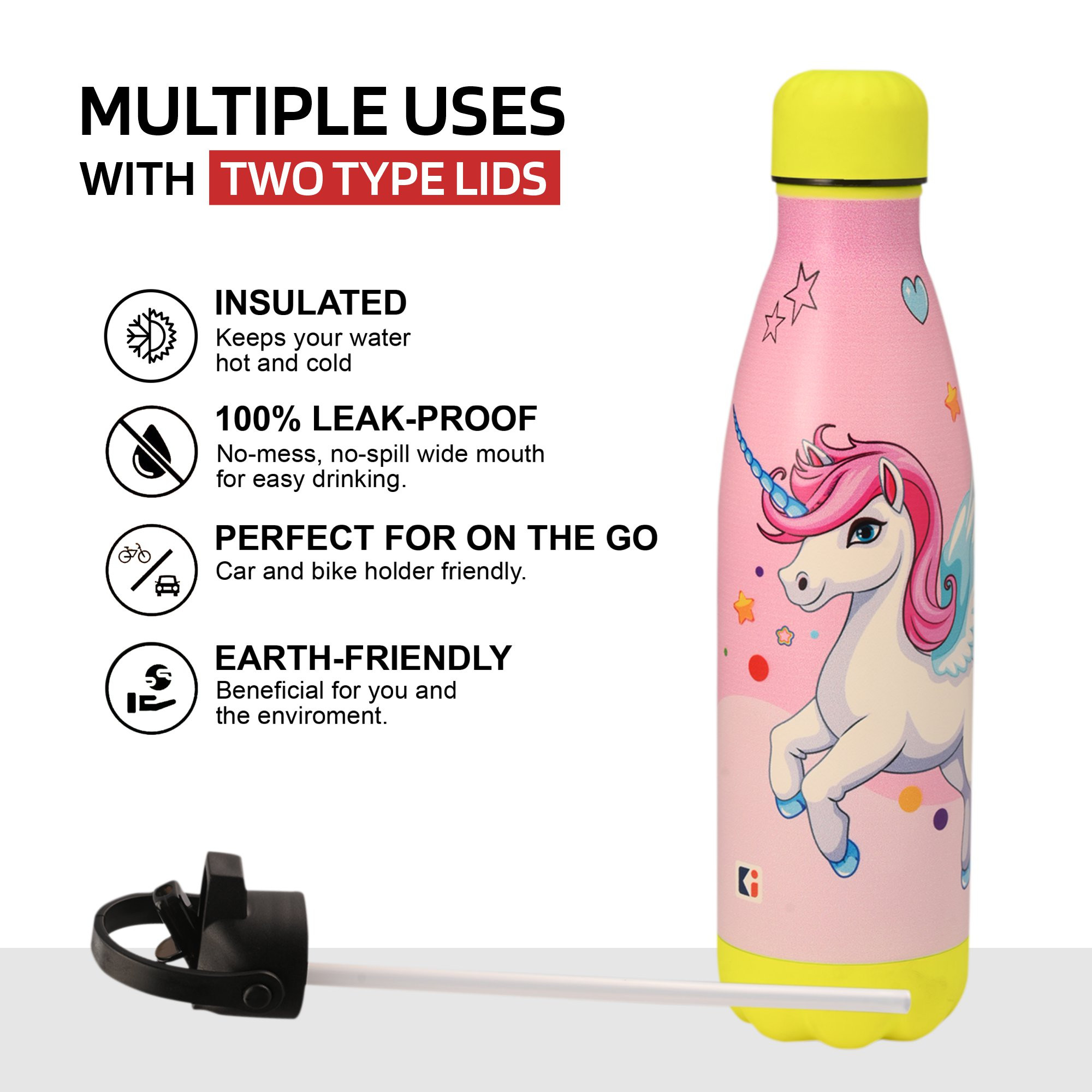 Kuber Industries Water Bottle with 2 Lids  Unicorn Rainbow  500 ml Insulated Sipper Bottle for Adults  Kids with Straw  BPA-Free  Stainless Steel Bottle for Travel-Gym  Sports  Pink