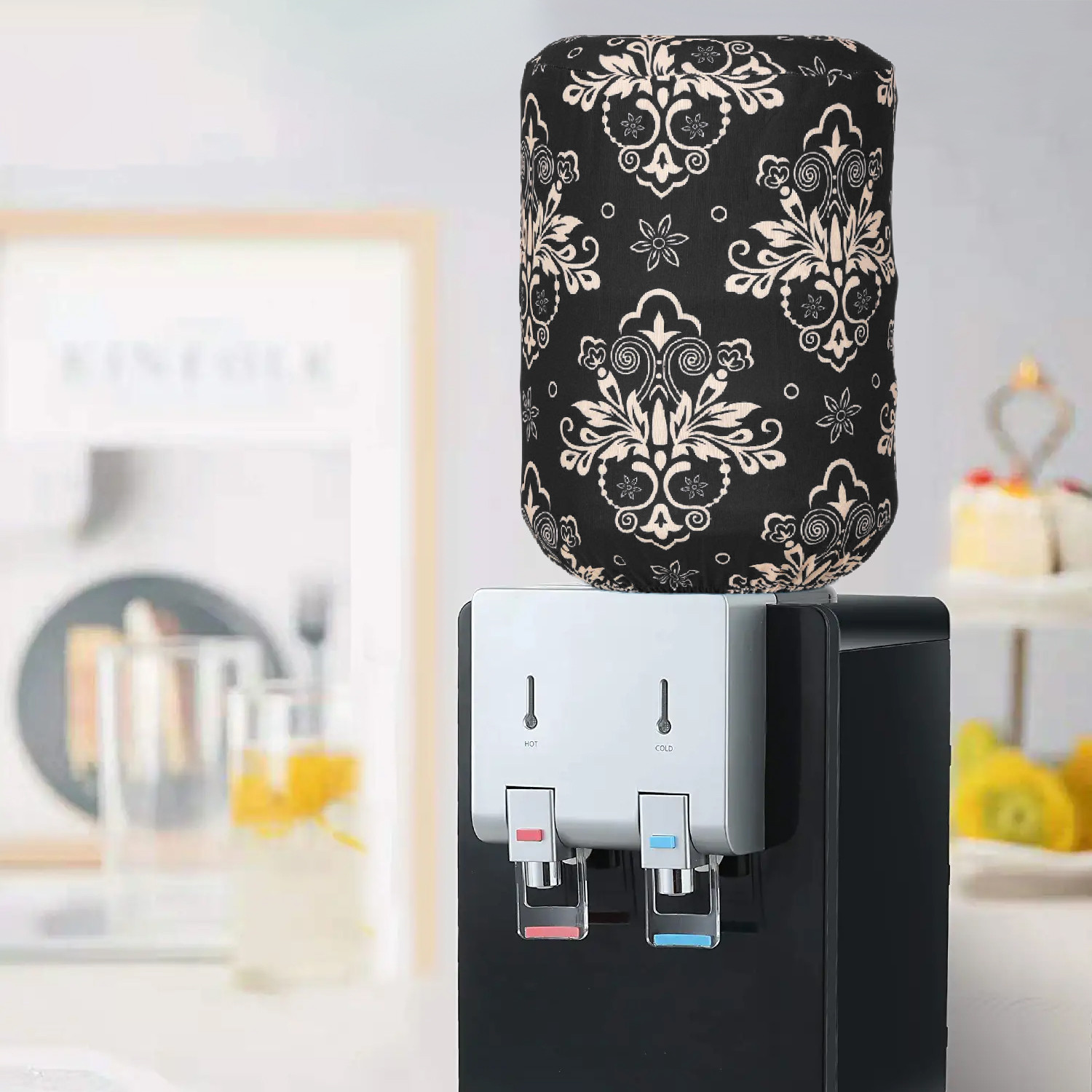 Kuber Industries Water Dispenser Bottle Cover|Damask Print & Stretchy Polyester Fabric|Bottle Protector with Elastic Closure,20Ltr, (Black)