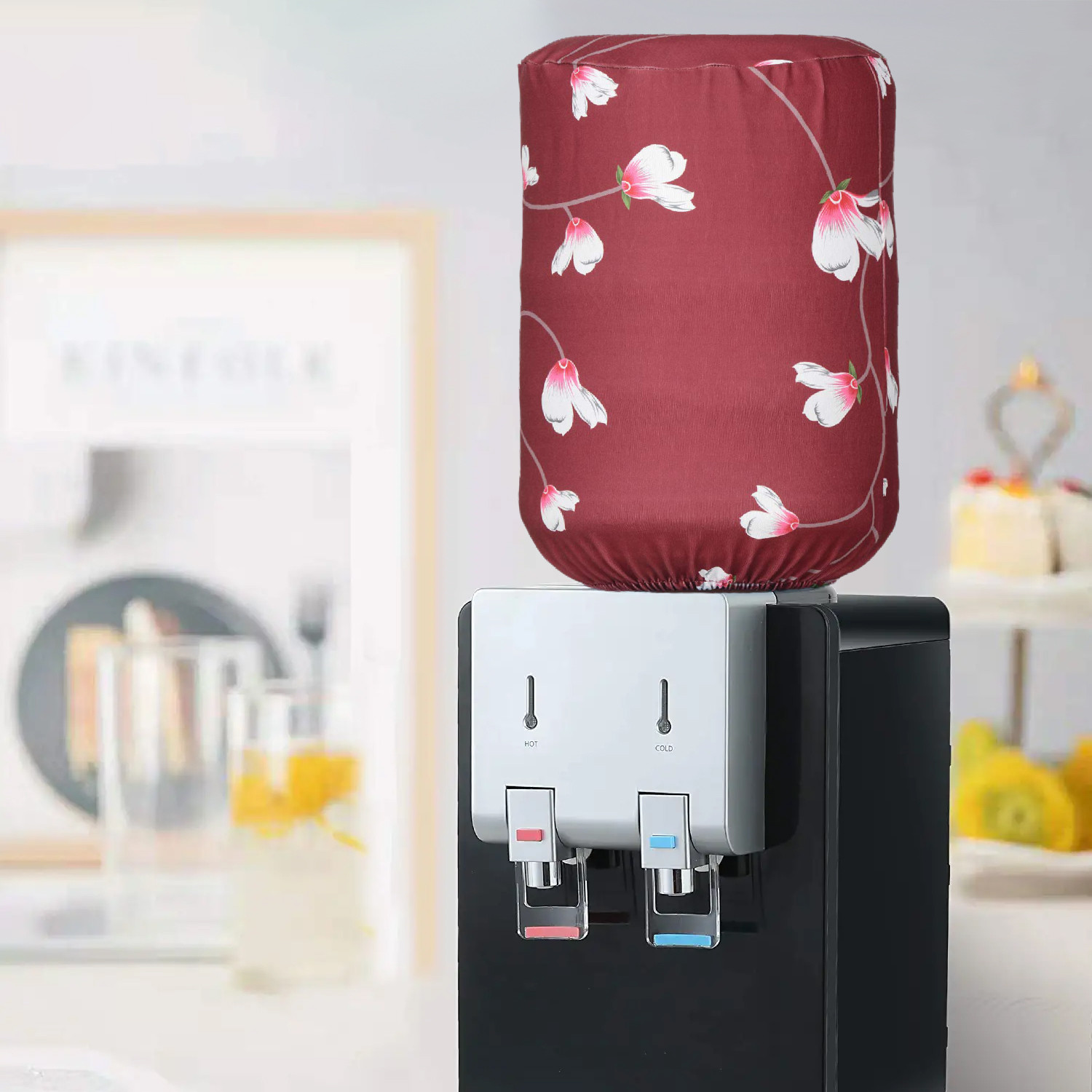 Kuber Industries Water Dispenser Bottle Cover|Floral Print & Stretchy Polyester Fabric|Bottle Protector with Elastic Closure,20Ltr, (Maroon)