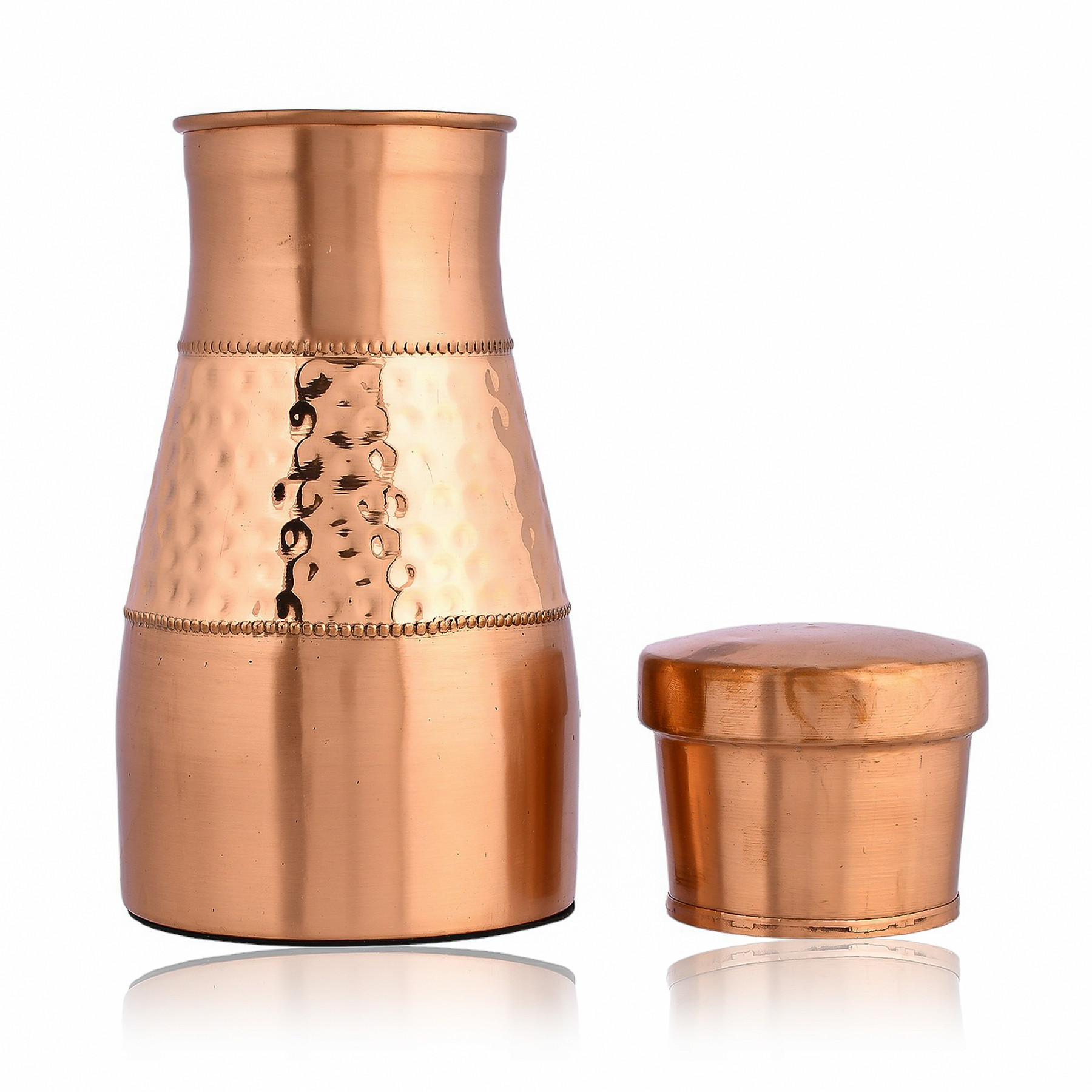 Kuber Industries Water Jug  Bottle with Inbuilt Glass  Vessel for Drinking Water  Bedroom Jar Bedside Water Bottle  Water Jug  Middle Hammered  1100 ML  Copper