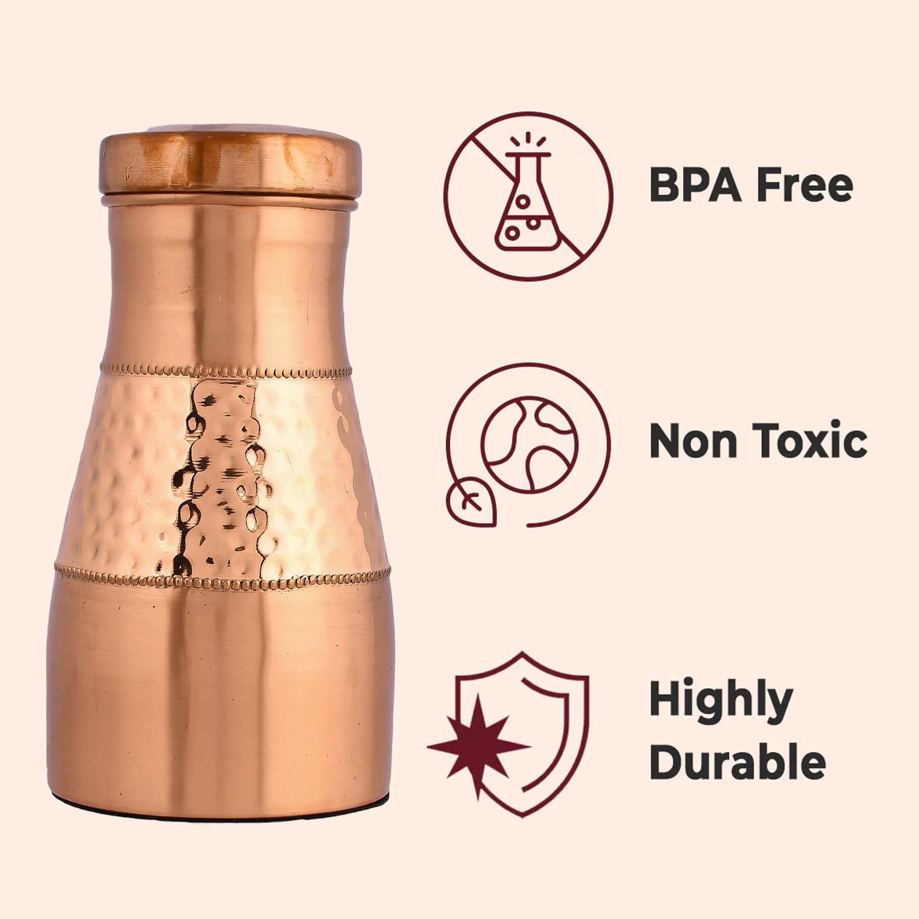 Kuber Industries Water Jug  Bottle with Inbuilt Glass  Vessel for Drinking Water  Bedroom Jar Bedside Water Bottle  Water Jug  Middle Hammered  1100 ML  Copper