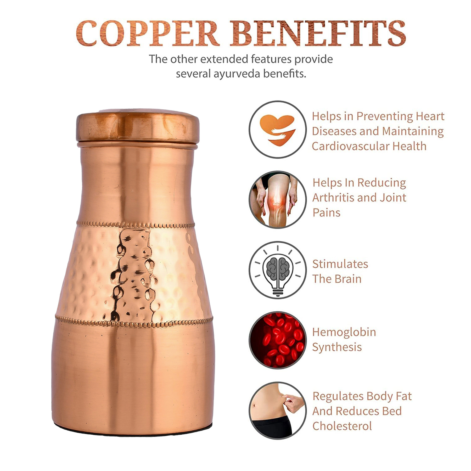 Kuber Industries Water Jug  Bottle with Inbuilt Glass  Vessel for Drinking Water  Bedroom Jar Bedside Water Bottle  Water Jug  Middle Hammered  1100 ML  Copper