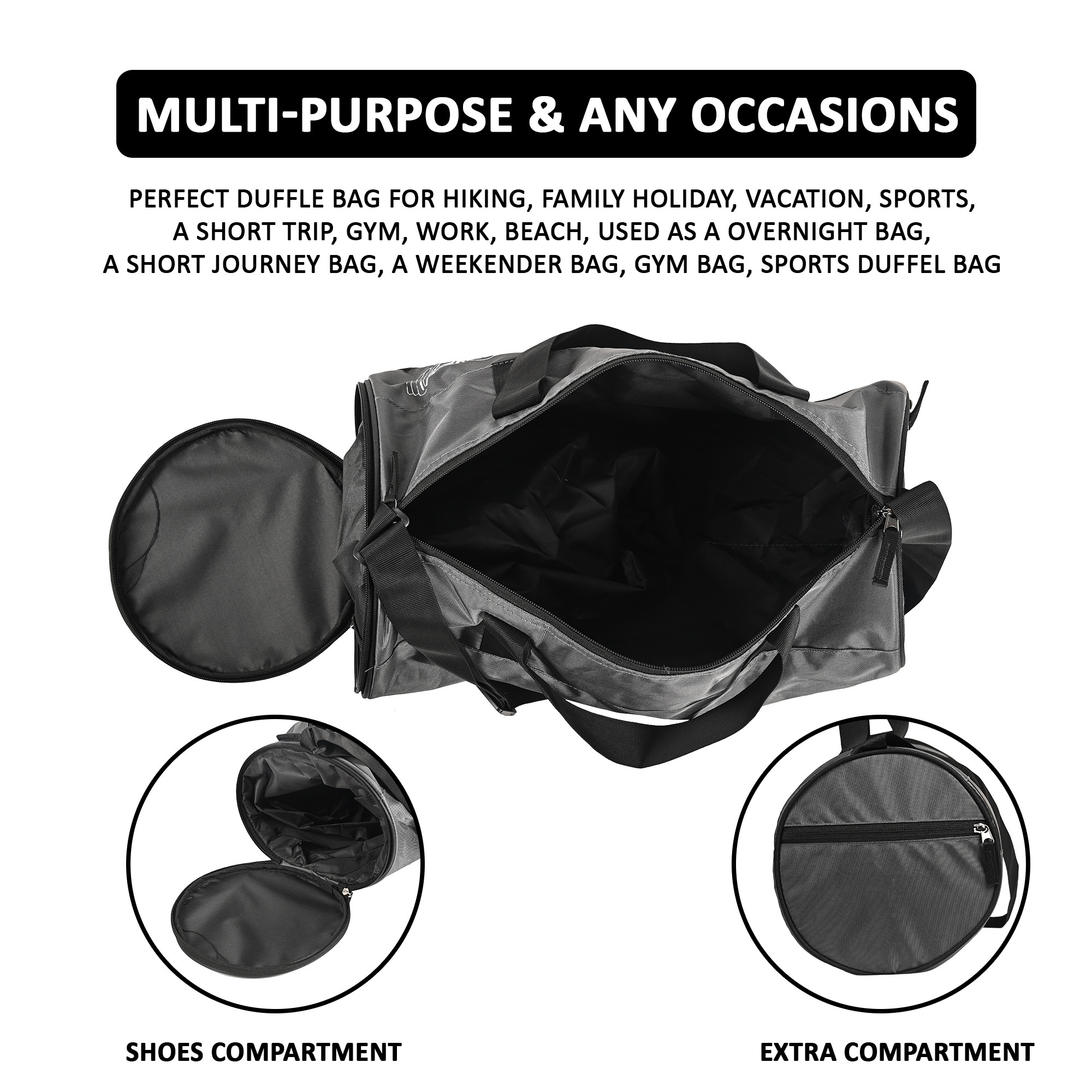 Kuber Industries Water Resistant 3 Compartment Gym Bags for Men  Yoga Workout  Football Bag with Shoulder Strap  Shoe Compartment for Girls  Boys  Grey  Black