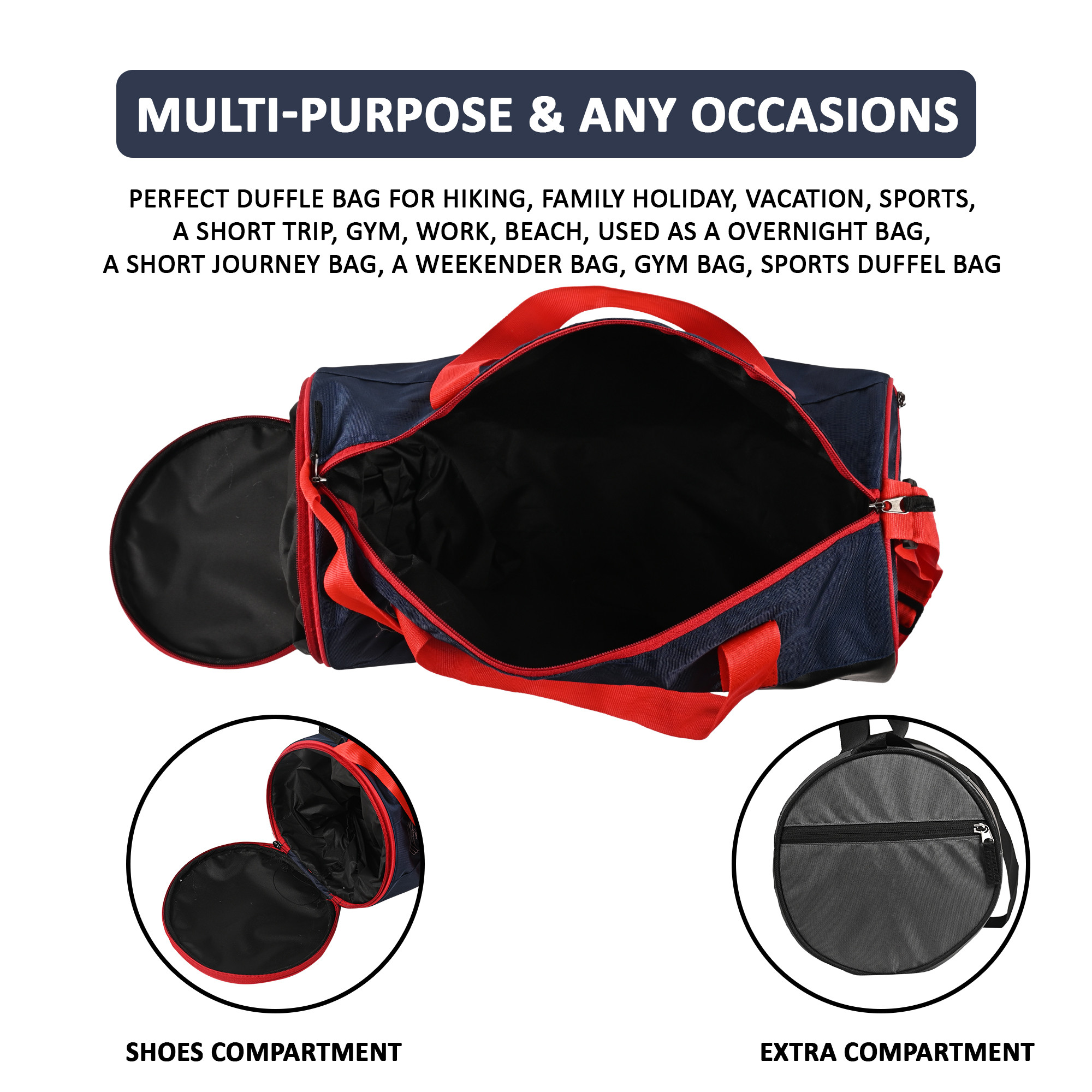 Kuber Industries Water Resistant 3 Compartment Gym Bags for Men Yoga Workout  Football Bag with Shoulder Strap  Shoe Compartment for Girls  Boys  Red  Blue