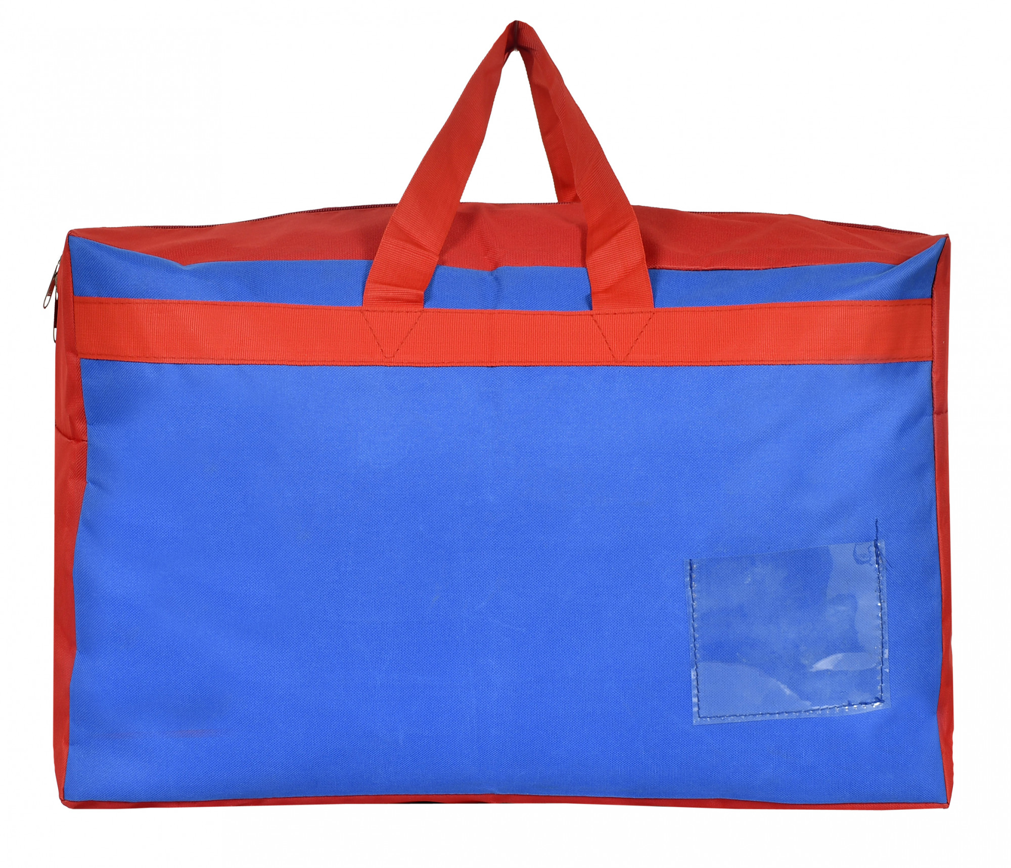 Kuber Industries Water Resistant Storage Bag, Folding Organizer Bag, Under Bed Storage, College Carrying Bag for Bedding Comforters, Blanket, Clothes With Front Small Tranasparent Pocket (Blue & Red)
