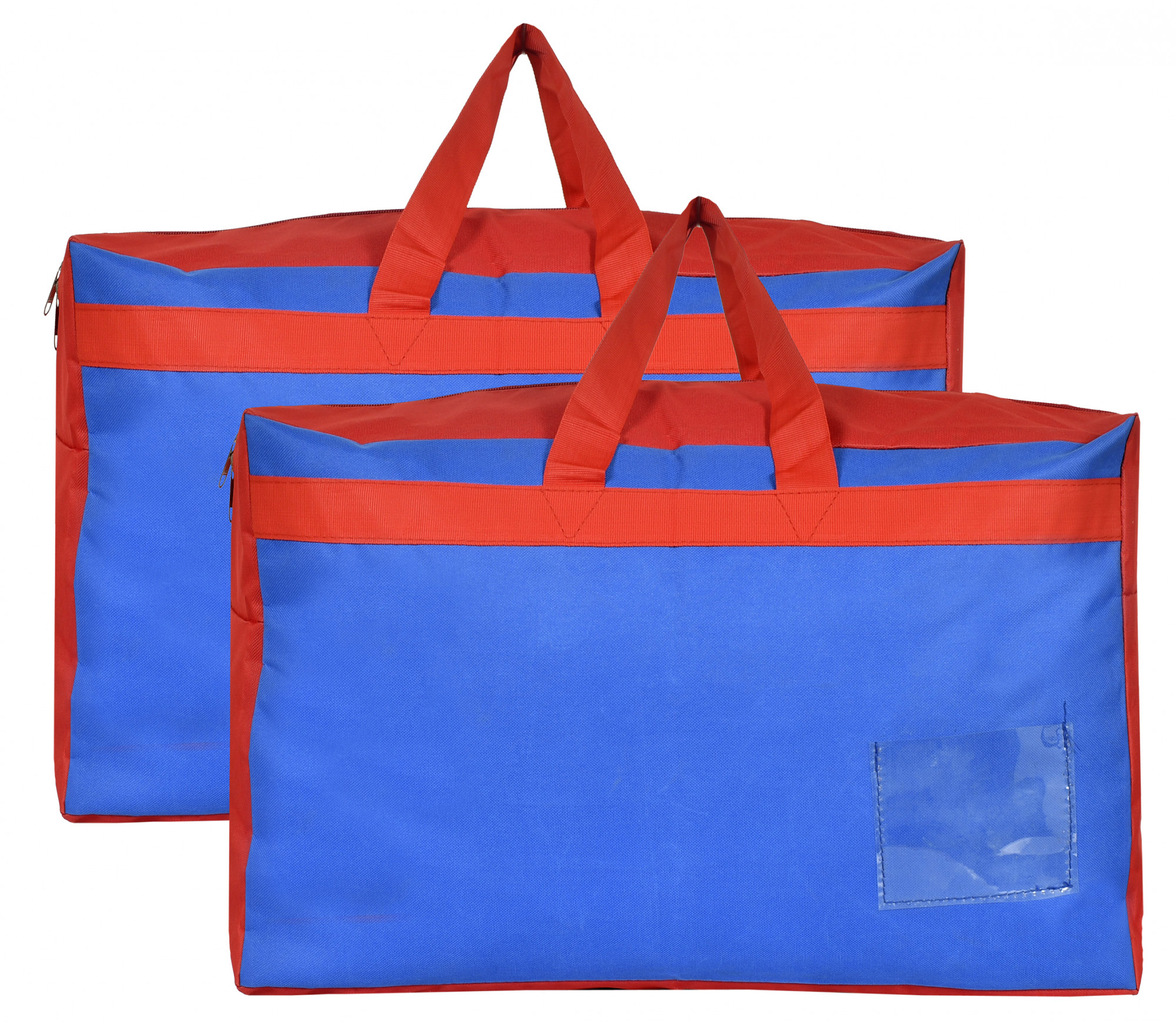 Kuber Industries Water Resistant Storage Bag, Folding Organizer Bag, Under Bed Storage, College Carrying Bag for Bedding Comforters, Blanket, Clothes With Front Small Tranasparent Pocket,Set of 2 (Blue & Red)