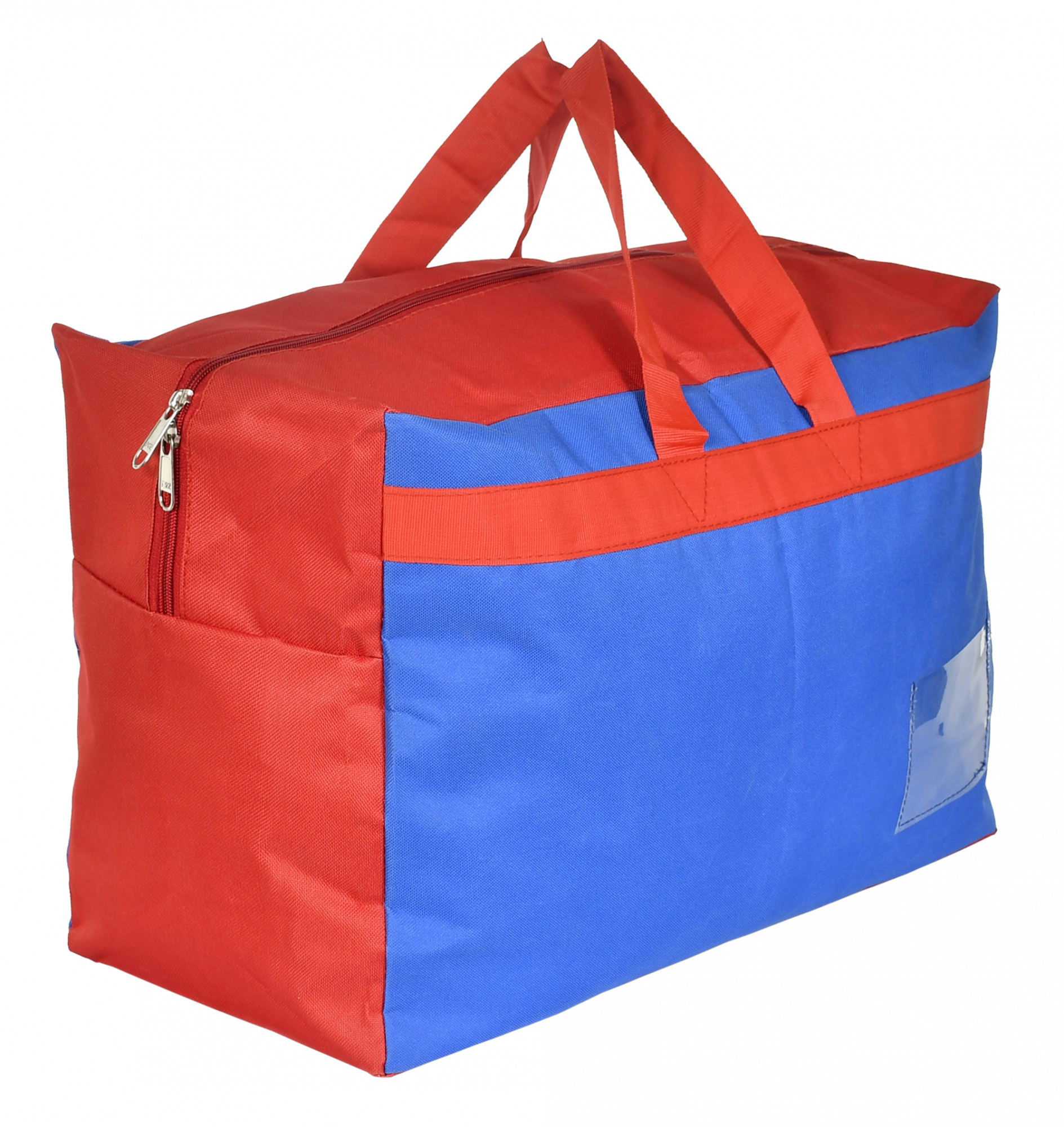 Kuber Industries Water Resistant Storage Bag, Folding Organizer Bag, Under Bed Storage, College Carrying Bag for Bedding Comforters, Blanket, Clothes With Front Small Tranasparent Pocket,Set of 2 (Blue & Red)