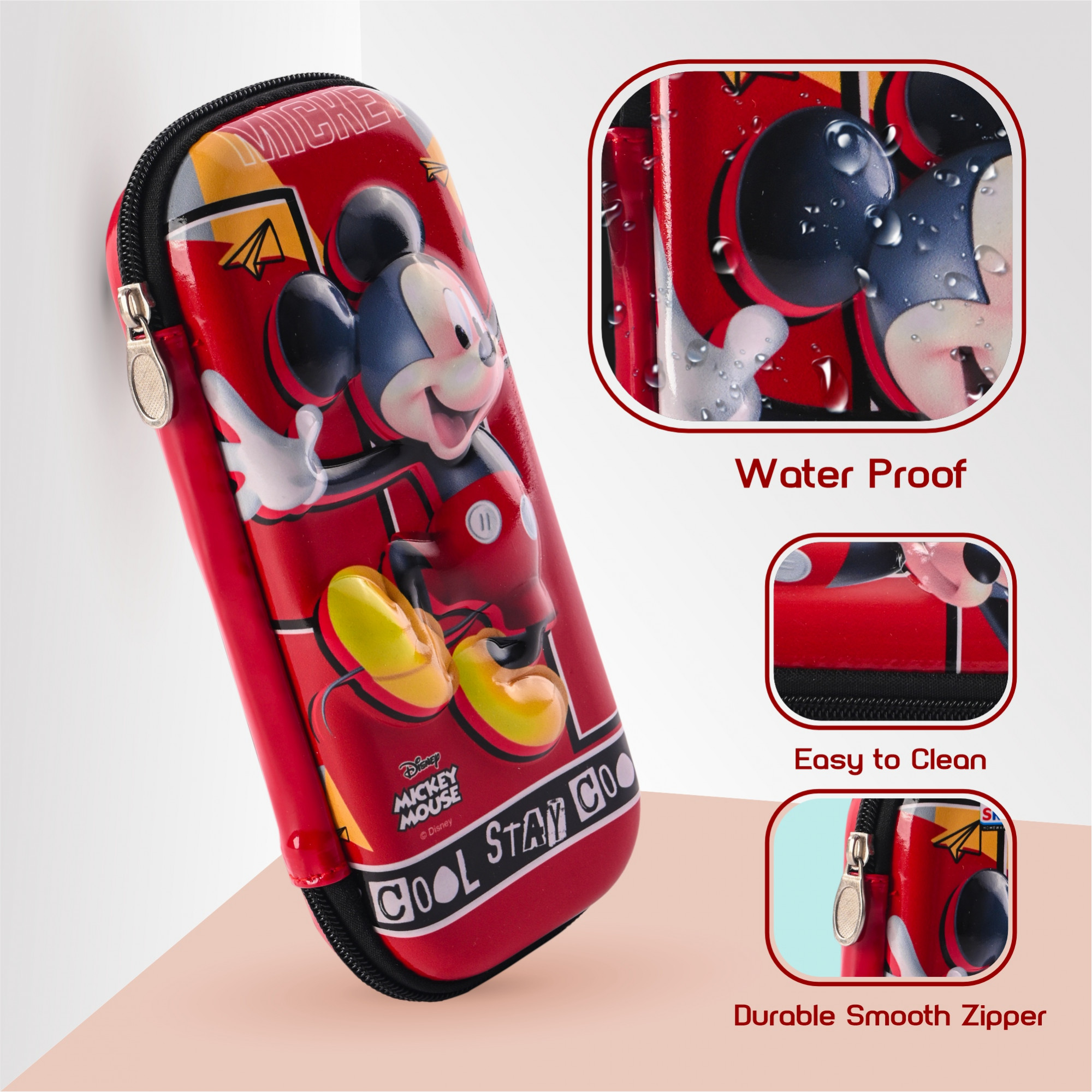 Kuber Industries Waterproof 3D Pencil Box For Kids  Adults  Compact  Easy-To-Carry Pen  Markers School Supply Organizer for Stationary  Disney Mickey Print - Red