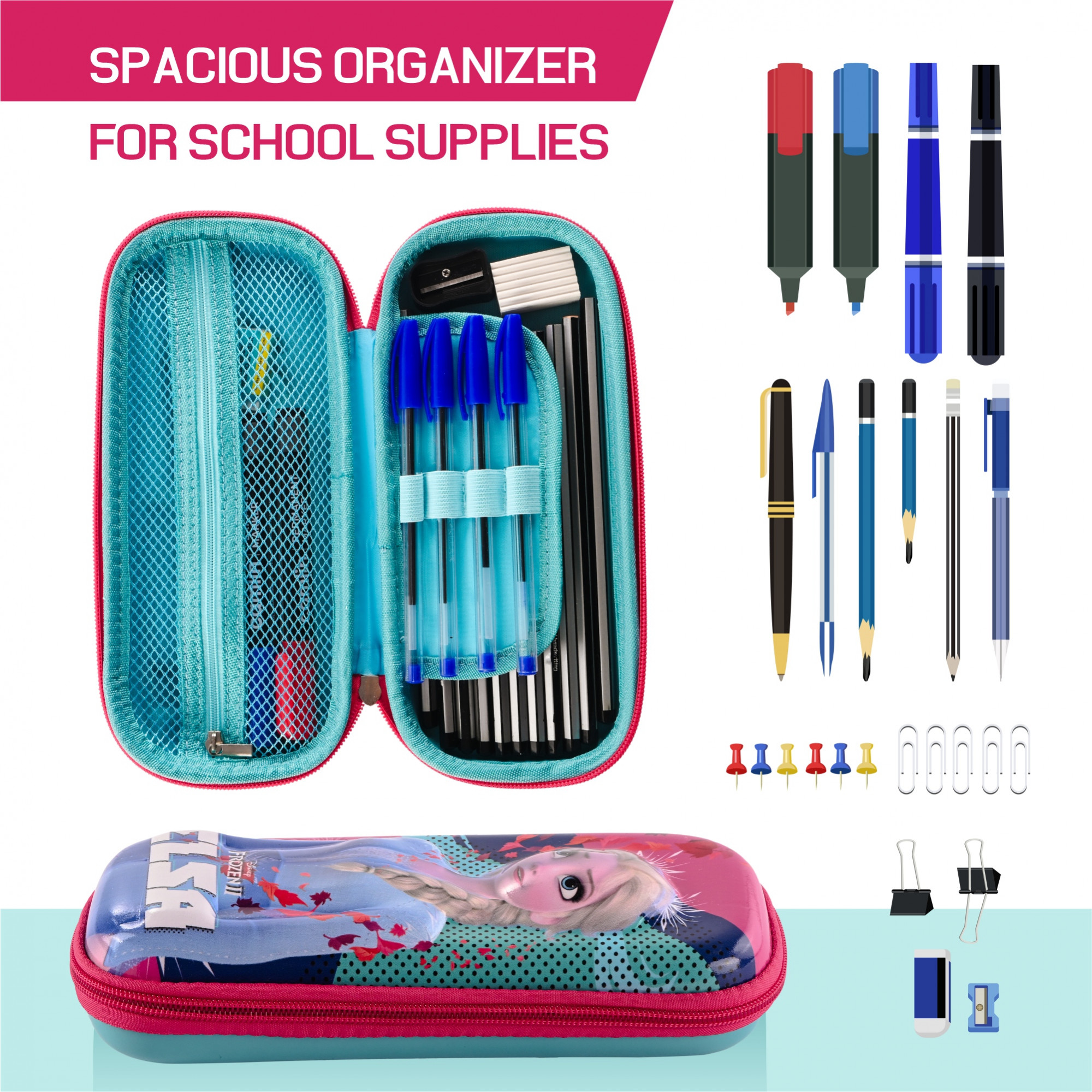 Kuber Industries Waterproof 3D Pencil Box For Kids  Adults  Compact  Easy-To-Carry Pens  Markers School Supply Organizer for Stationary  Disney Frozen Elsa Print - Pink