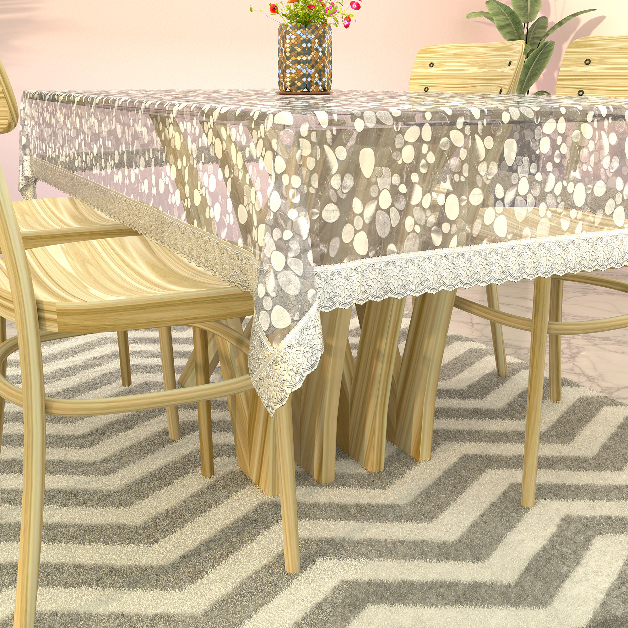 Kuber Industries Waterproof 45x70 Inches Table Cloth For 4 Seater Dining Table  PVC Study Table Cover Sheet  Protector  Stone  Silver Lace