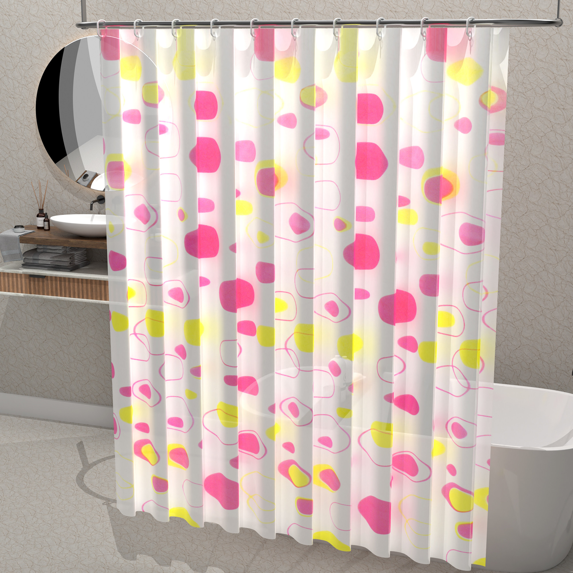 Kuber Industries Waterproof 71 x 71 Shower Curtains For Bathroom with 12 Rings  Washroom Partition Screen  Wall Divider Parda For Bathing Privacy  JY-1-6  Bubbles Print - Pink  White