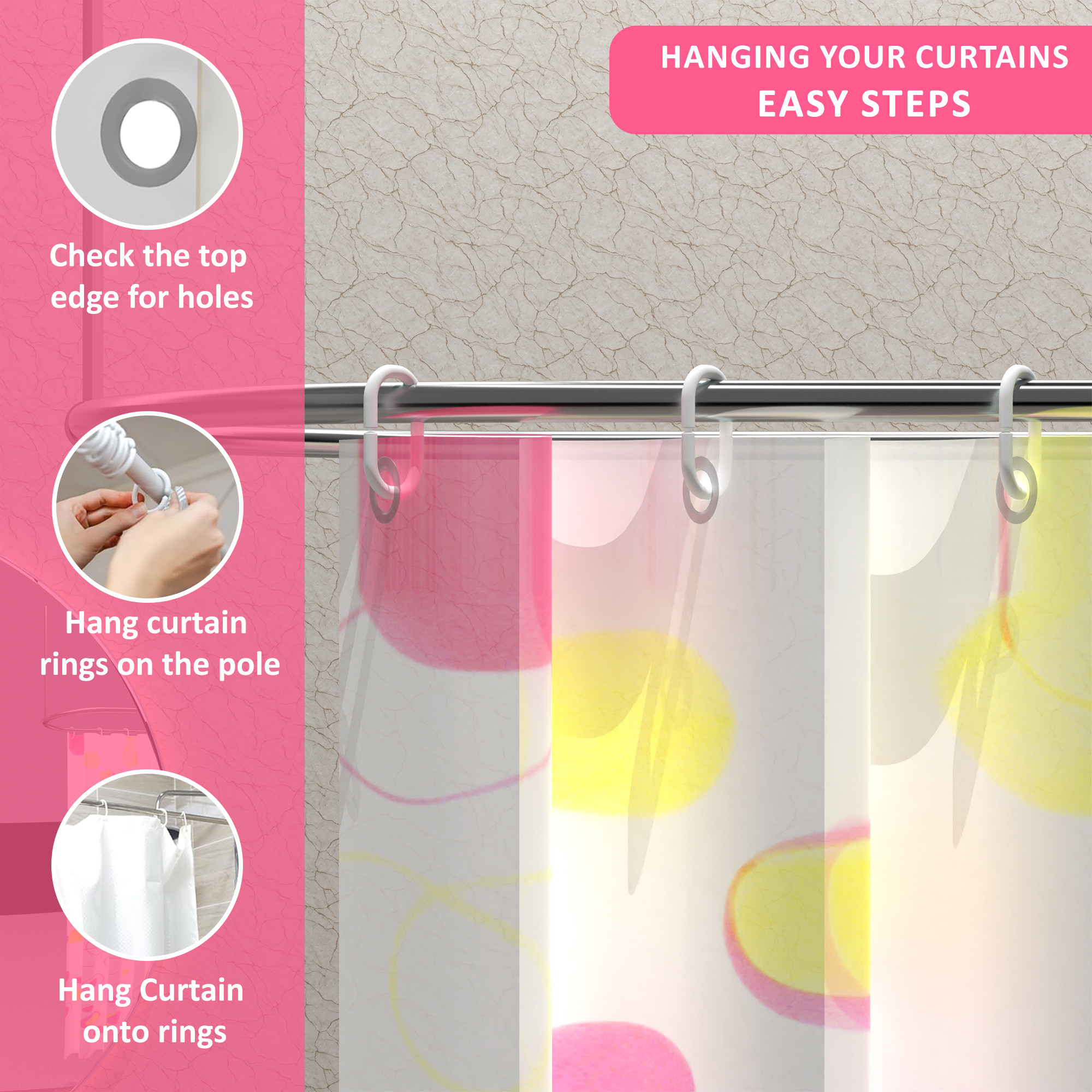 Kuber Industries Waterproof 71 x 71 Shower Curtains For Bathroom with 12 Rings  Washroom Partition Screen  Wall Divider Parda For Bathing Privacy  JY-1-6  Bubbles Print - Pink  White