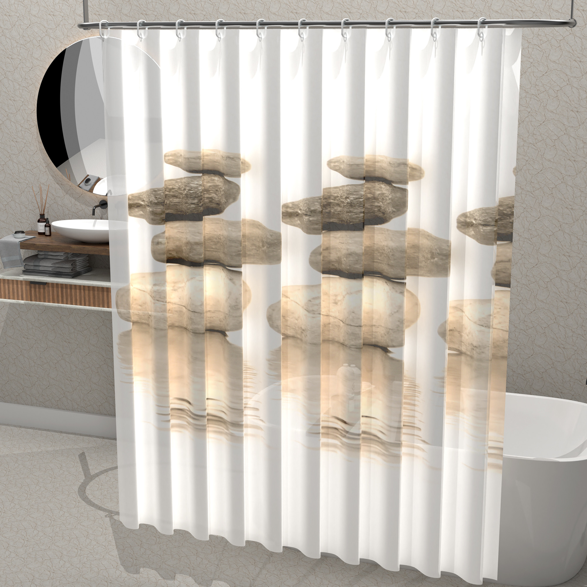 Kuber Industries Waterproof 71 x 71 Shower Curtains For Bathroom with 12 Rings  Washroom Partition Screen  Wall Divider Parda For Bathing Privacy  JY-7-1  Stone Print - White  Grey