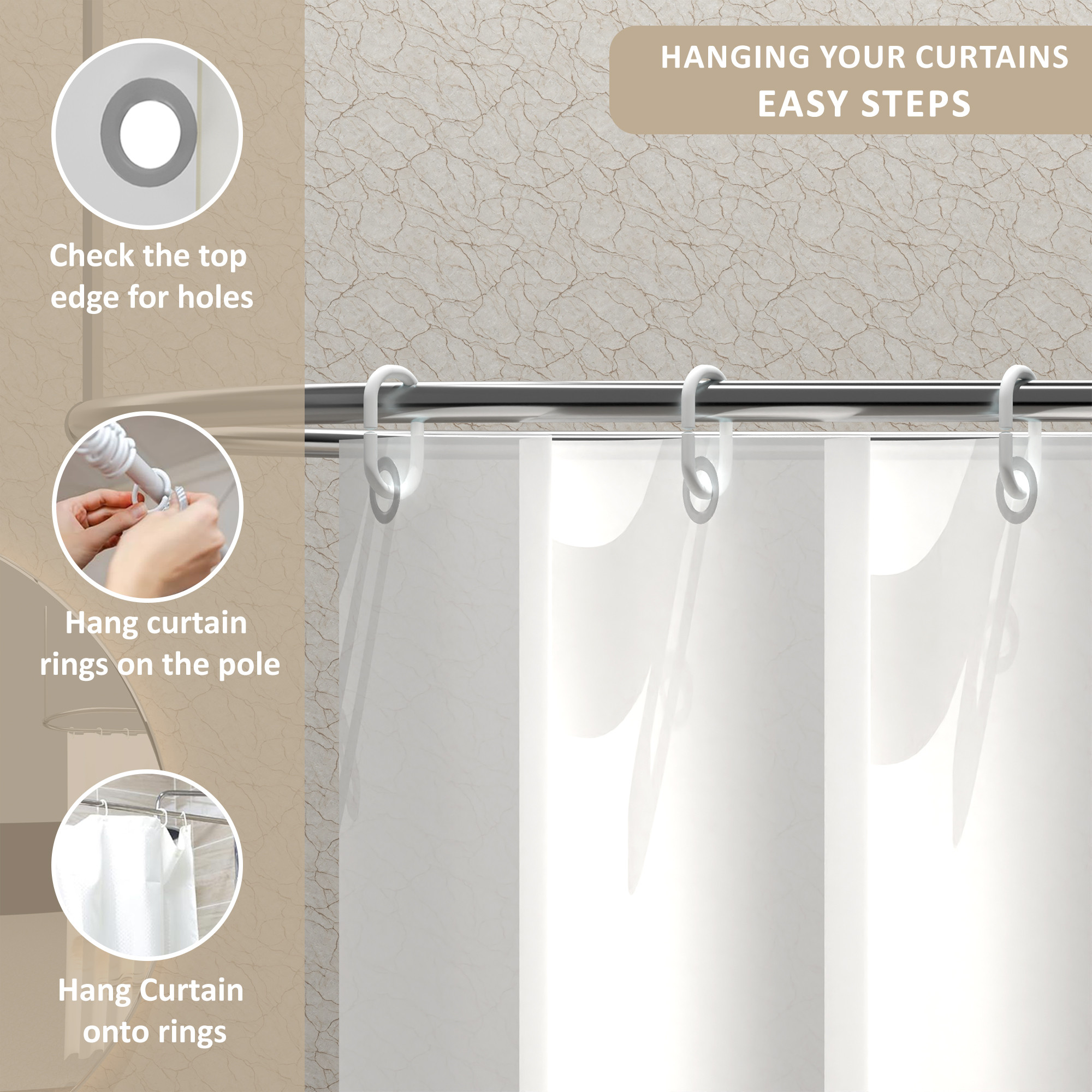 Kuber Industries Waterproof 71 x 71 Shower Curtains For Bathroom with 12 Rings  Washroom Partition Screen  Wall Divider Parda For Bathing Privacy  JY-7-1  Stone Print - White  Grey