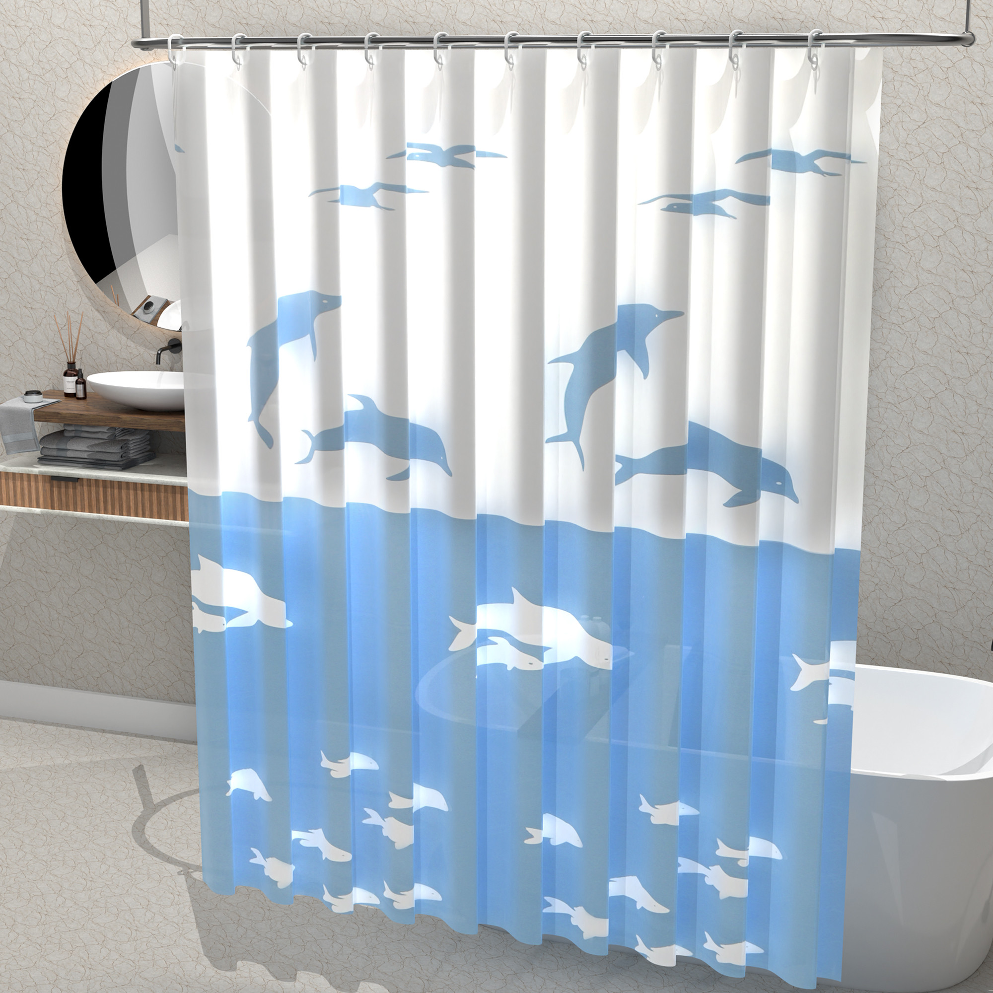 Kuber Industries Waterproof 71 x 71 Shower Curtains For Bathroom with 12 Rings  Washroom Partition Screen  Wall Divider Parda For Bathing Privacy  JY-7-2  Shark Print - Blue  White