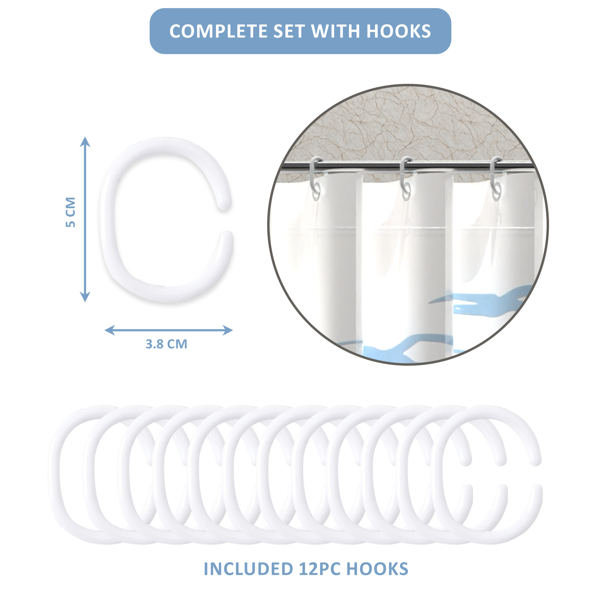 Kuber Industries Waterproof 71 x 71 Shower Curtains For Bathroom with 12 Rings  Washroom Partition Screen  Wall Divider Parda For Bathing Privacy  JY-7-2  Shark Print - Blue  White