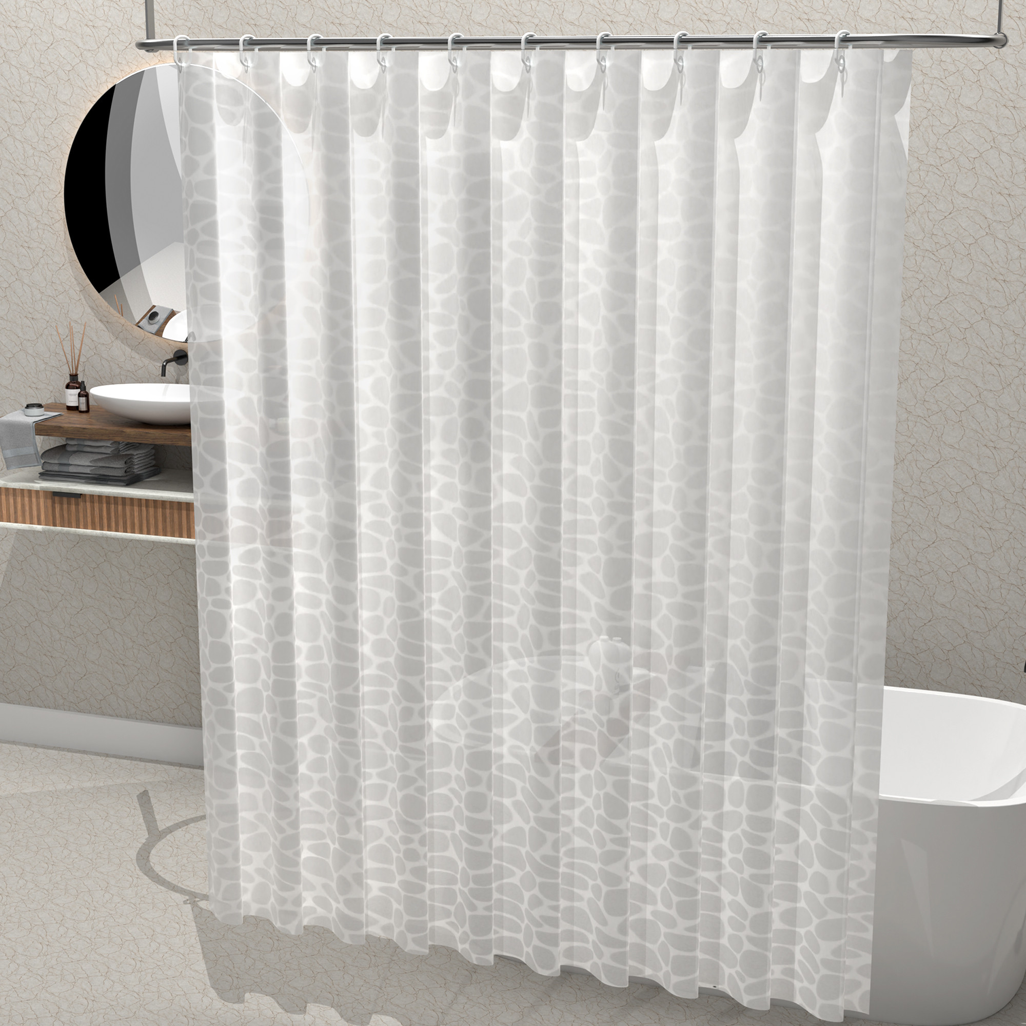 Kuber Industries Waterproof 71 x 71 Shower Curtains For Bathroom with 12 Rings  Washroom Partition Screen  Wall Divider Parda For Bathing Privacy  JY-3-2  Circle Print - White