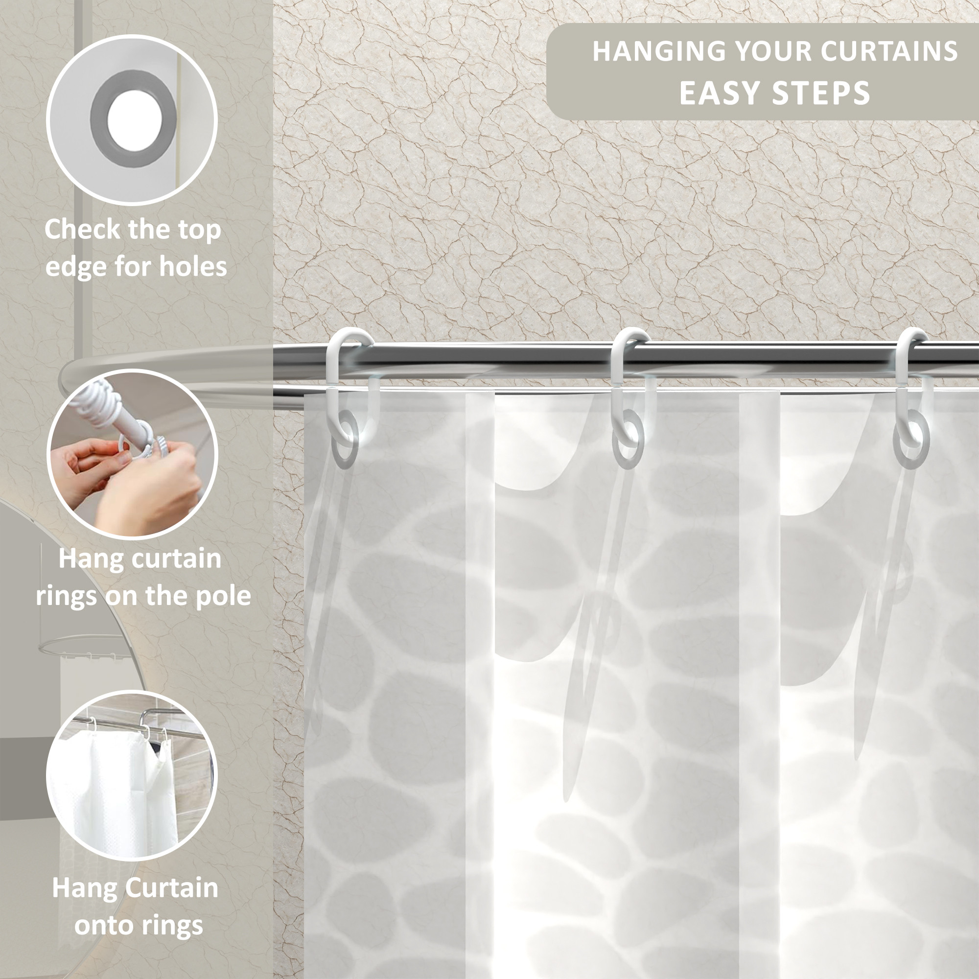 Kuber Industries Waterproof 71 x 71 Shower Curtains For Bathroom with 12 Rings  Washroom Partition Screen  Wall Divider Parda For Bathing Privacy  JY-3-2  Circle Print - White