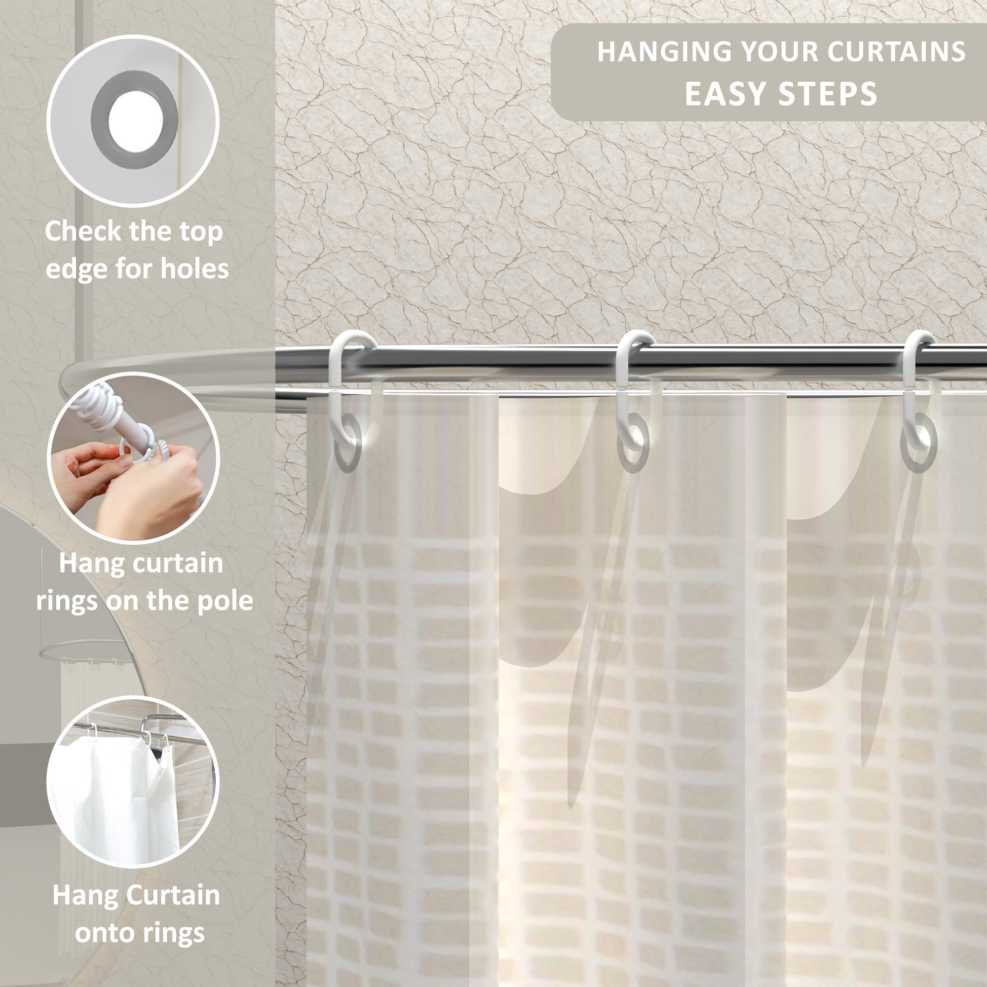 Kuber Industries Waterproof 71 x 71 Shower Curtains For Bathroom with 12 Rings  Washroom Partition Screen  Wall Divider Parda For Bathing Privacy  JY-3-3  Small Square Print - White