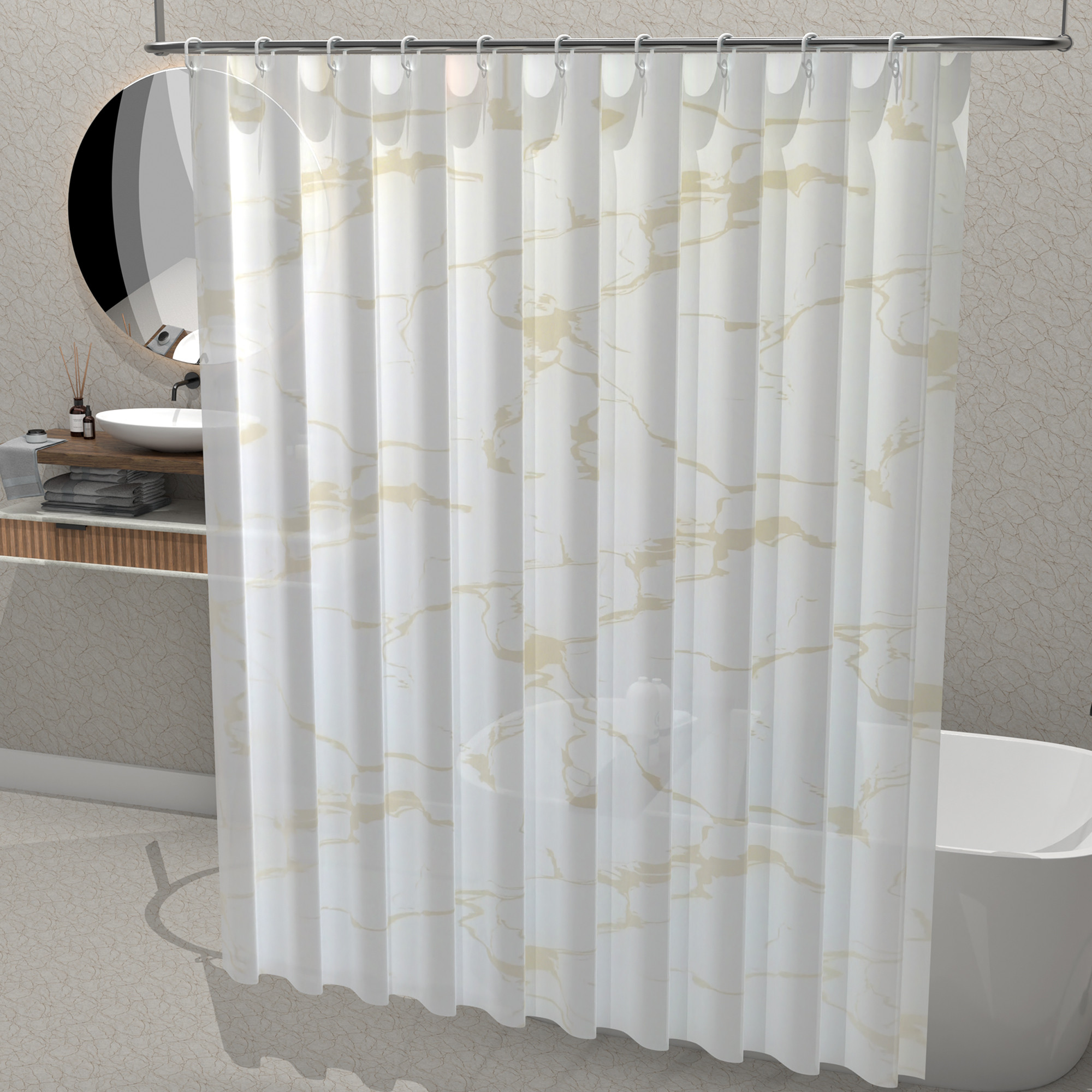 Kuber Industries Waterproof 71 x 71 Shower Curtains For Bathroom with 12 Rings  Washroom Partition Screen  Wall Divider Parda For Bathing Privacy  JY-5-1  Marble Print - White