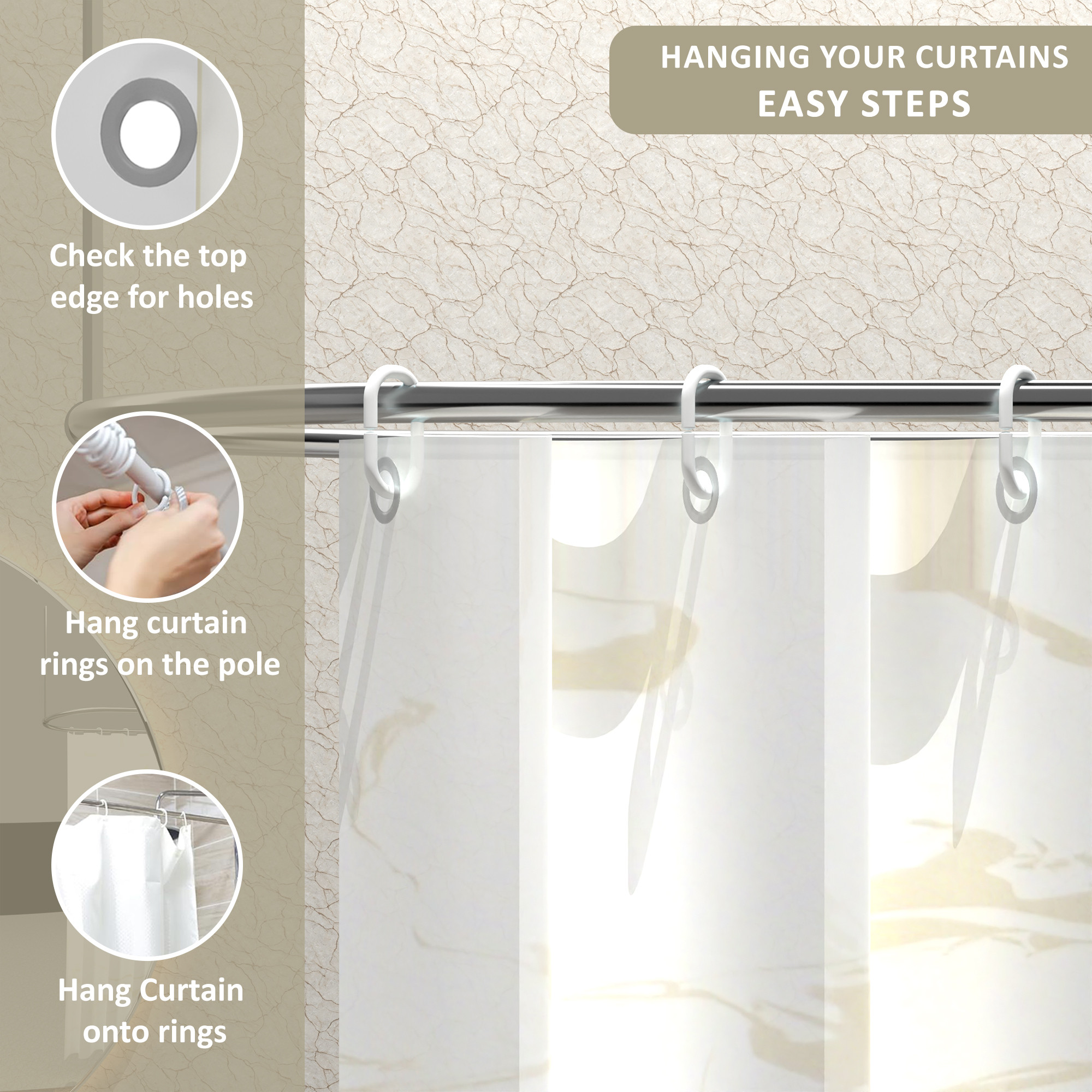 Kuber Industries Waterproof 71 x 71 Shower Curtains For Bathroom with 12 Rings  Washroom Partition Screen  Wall Divider Parda For Bathing Privacy  JY-5-1  Marble Print - White