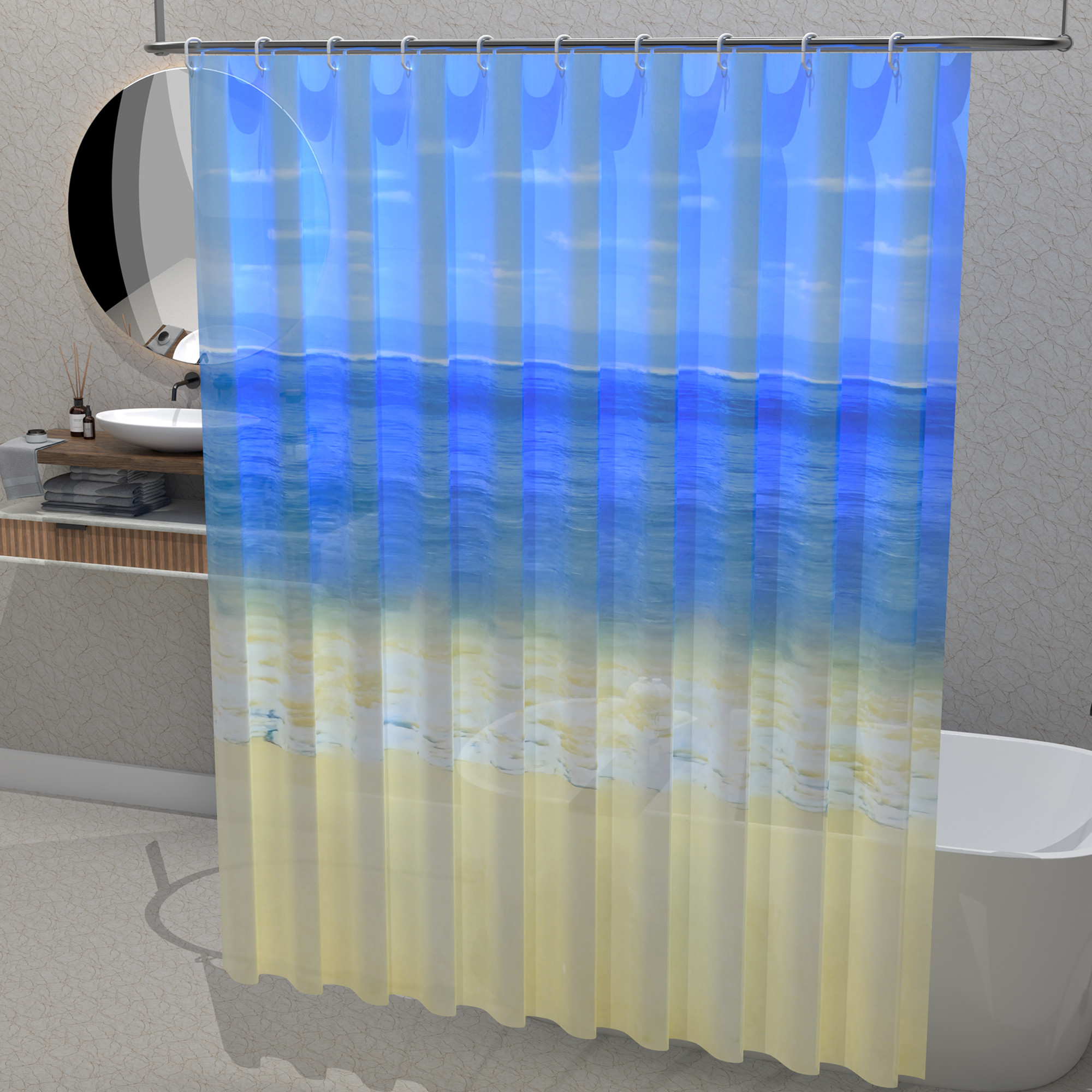 Kuber Industries Waterproof 71 x 71 Shower Curtains For Bathroom with 12 Rings  Washroom Partition Screen  Wall Divider Parda For Bathing Privacy  JY-5-2  Beach Print - Blue