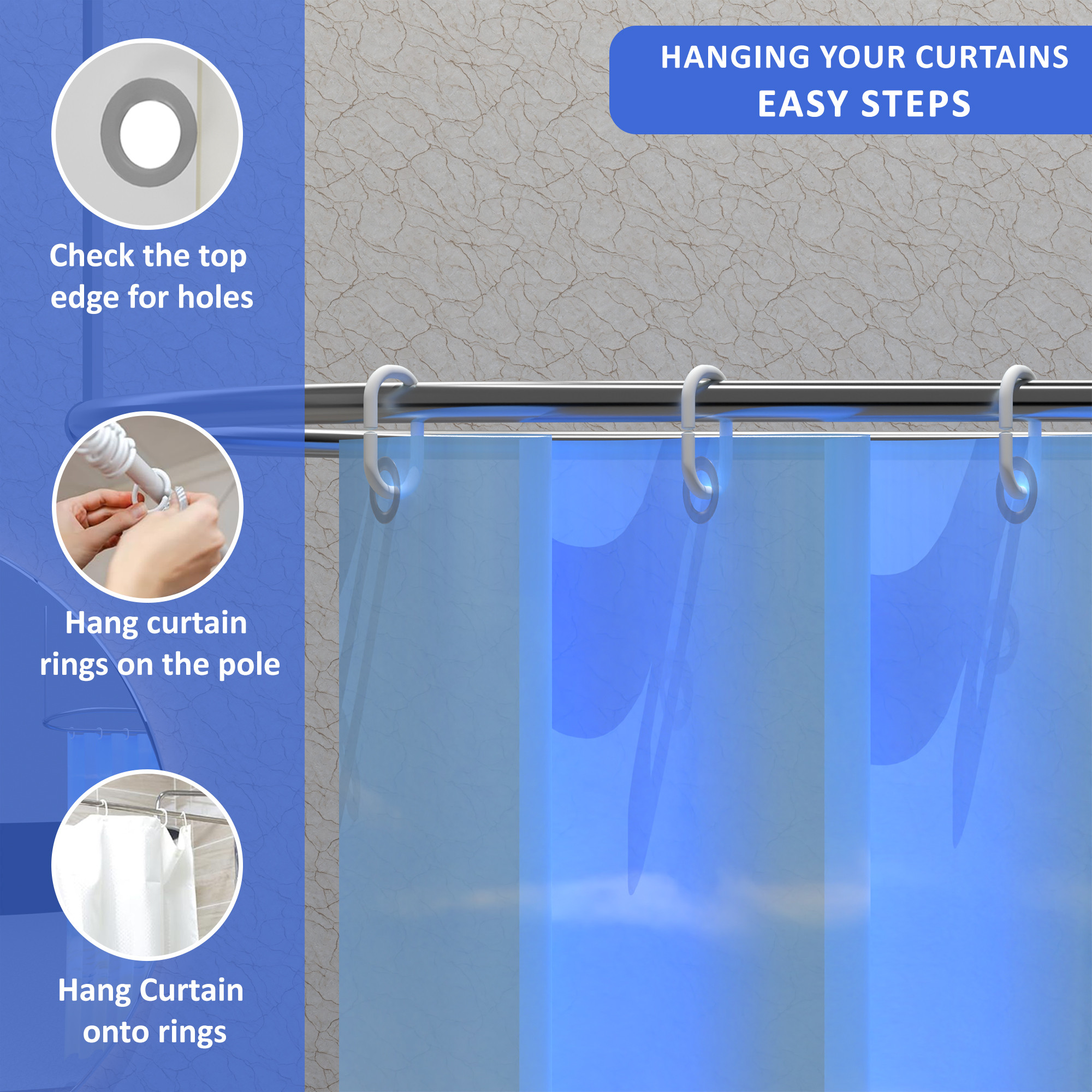 Kuber Industries Waterproof 71 x 71 Shower Curtains For Bathroom with 12 Rings  Washroom Partition Screen  Wall Divider Parda For Bathing Privacy  JY-5-2  Beach Print - Blue