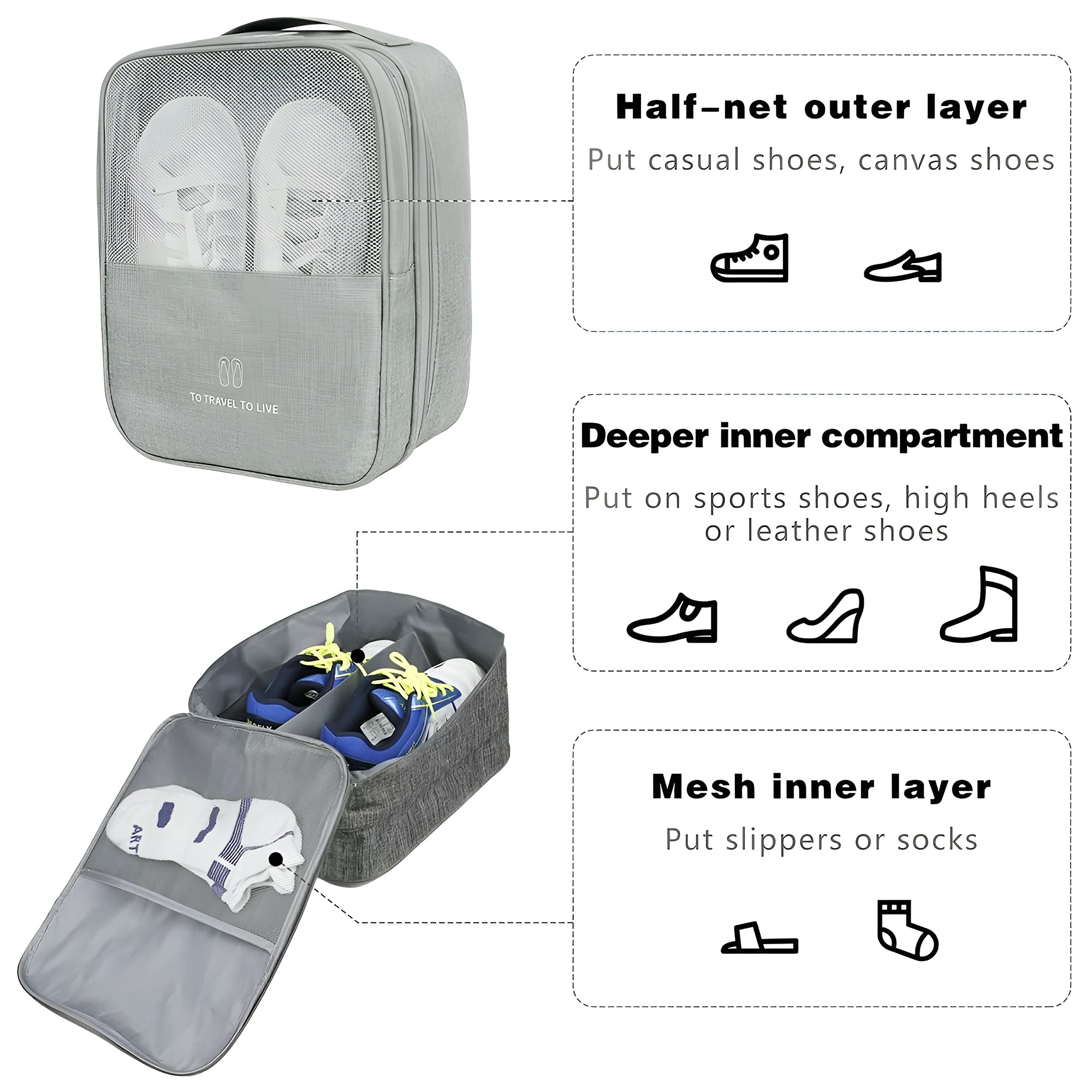 Kuber Industries Waterproof  Anti-Wrinkle Shoe Bags for Travelling with 3 Layers  Durable Shoe Pouch for Travel  Shoe Organizer for Hassle-Free Travel Shoe Bags  YJ-29-GRY  Grey