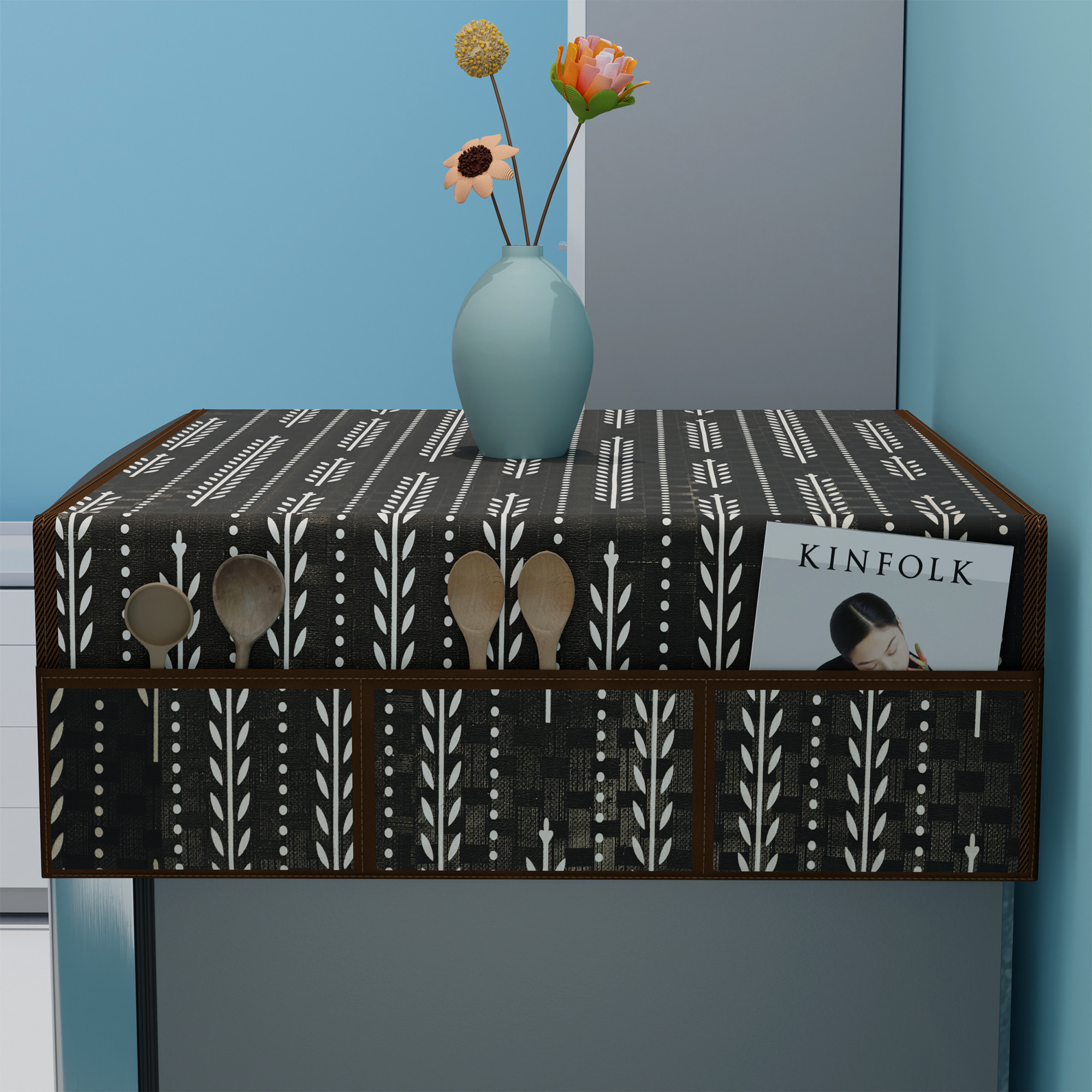 Kuber Industries Waterproof  Dustproof Refrigerator Cover with 6 Storage Pockets  Easy to Clean Fridge Cover Top Organizer for Home Canteen  Office  Lining Leaf - Brown