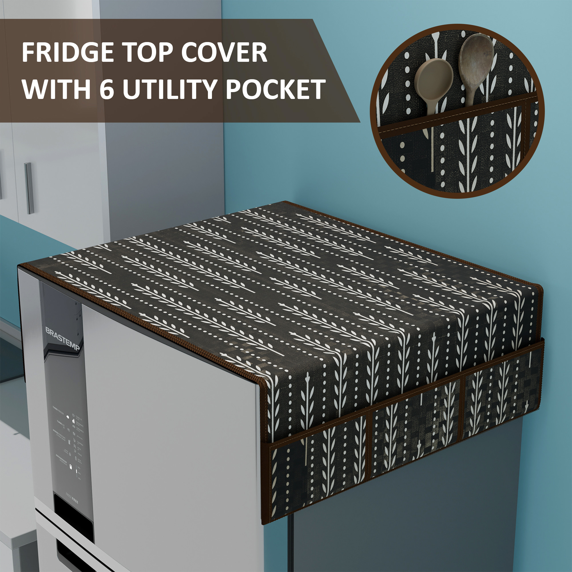 Kuber Industries Waterproof  Dustproof Refrigerator Cover with 6 Storage Pockets  Easy to Clean Fridge Cover Top Organizer for Home Canteen  Office  Lining Leaf - Brown