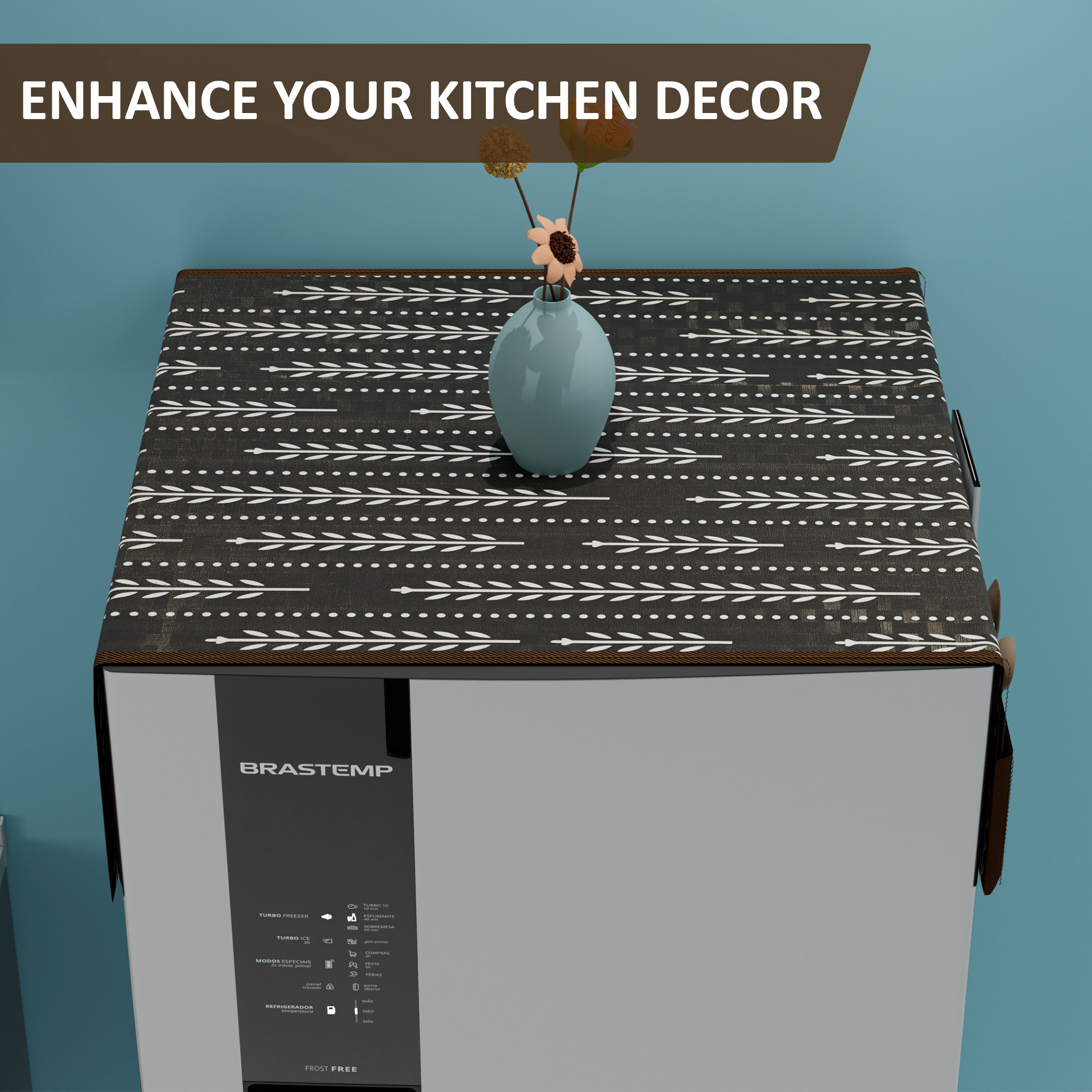 Kuber Industries Waterproof  Dustproof Refrigerator Cover with 6 Storage Pockets  Easy to Clean Fridge Cover Top Organizer for Home Canteen  Office  Lining Leaf - Brown