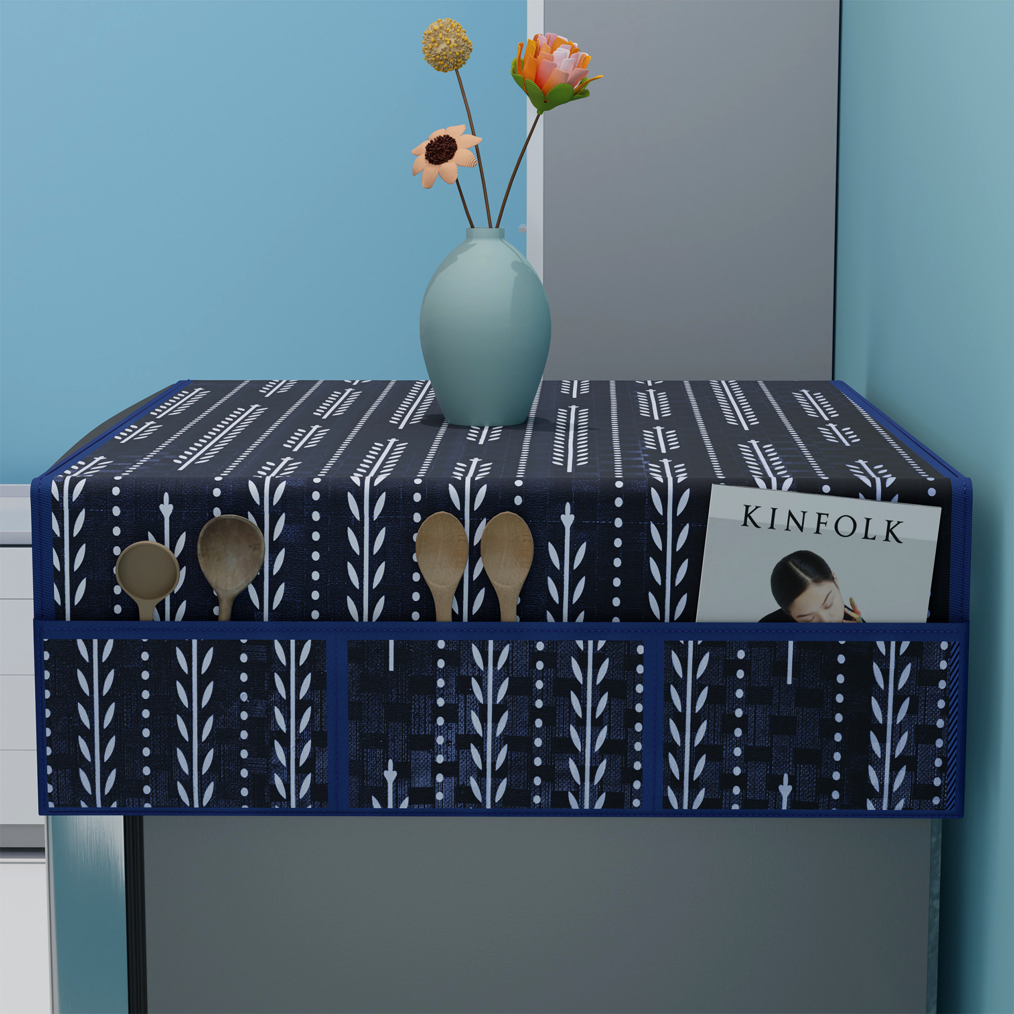 Kuber Industries Waterproof  Dustproof Refrigerator Cover with 6 Storage Pockets  Easy to Clean Fridge Cover Top Organizer for Home Canteen  Office  Lining Leaf - Navy Blue