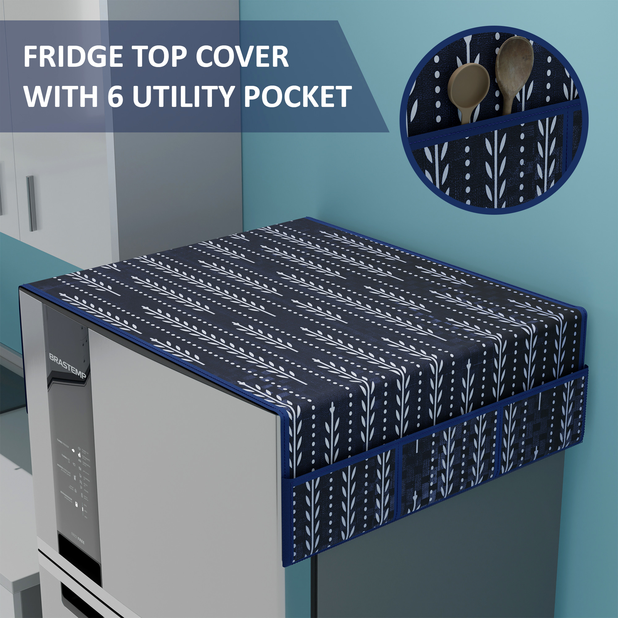 Kuber Industries Waterproof  Dustproof Refrigerator Cover with 6 Storage Pockets  Easy to Clean Fridge Cover Top Organizer for Home Canteen  Office  Lining Leaf - Navy Blue