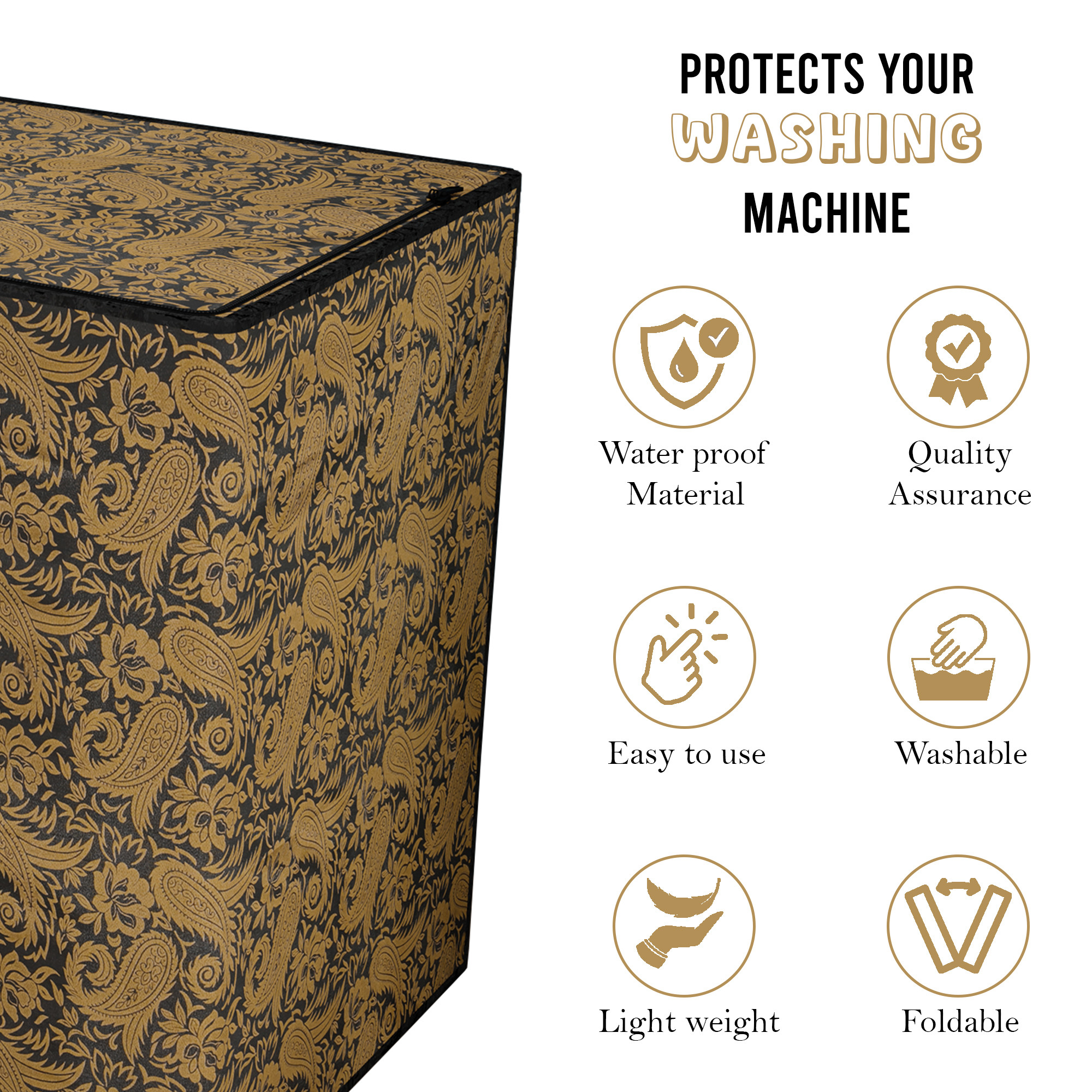 Kuber Industries Waterproof  Dustproof Semi-Automatic Washing Machine Cover 6 kg65 kg7 kg75 kg with Zip  Top Load Machine Cover With Cuts For Wires  Pipes  Black Golden Carry