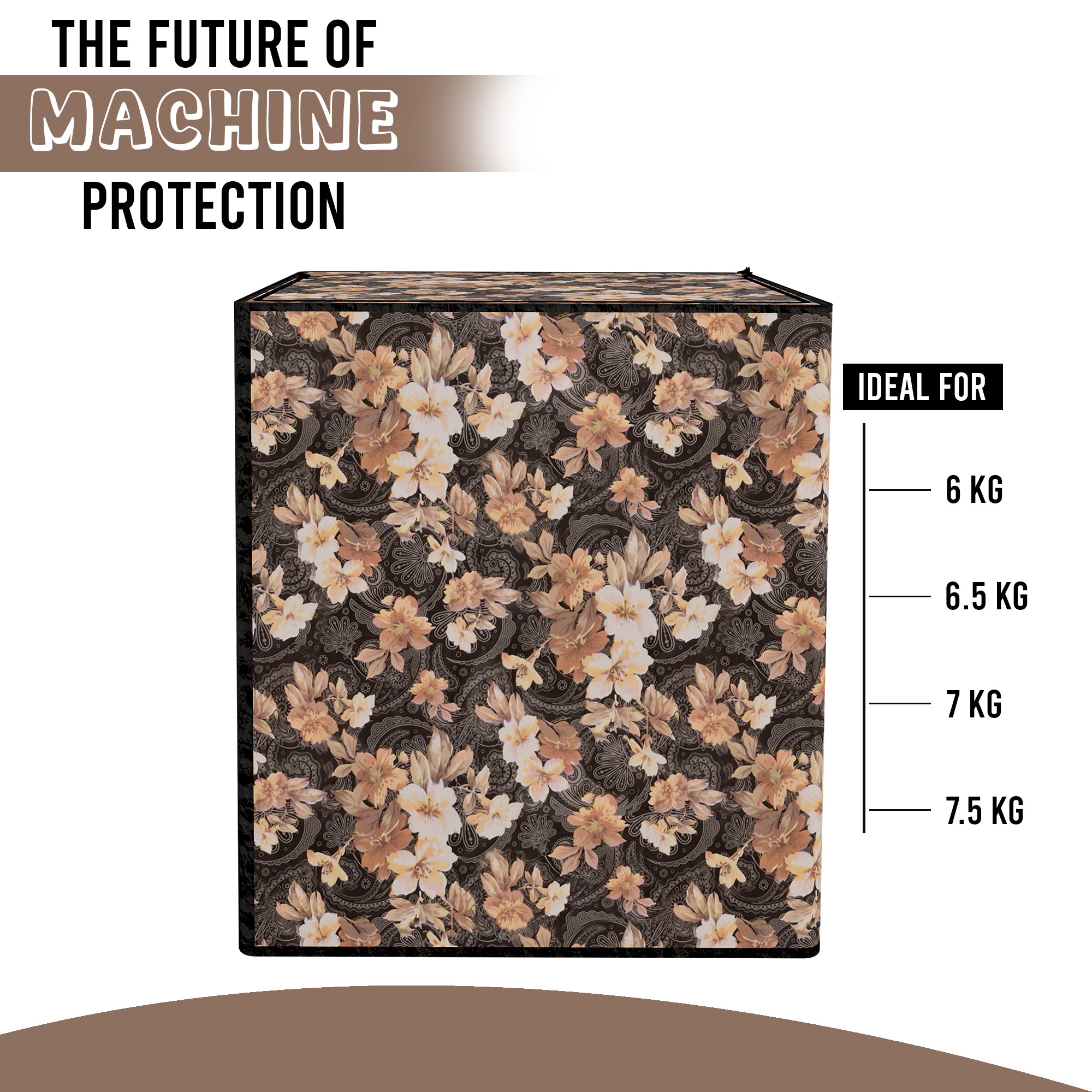 Kuber Industries Waterproof  Dustproof Semi-Automatic Washing Machine Cover 6 kg65 kg7 kg75 kg with Zip  Top Load Machine Cover With Cuts For Wires  Pipes  Grey Brown Flower