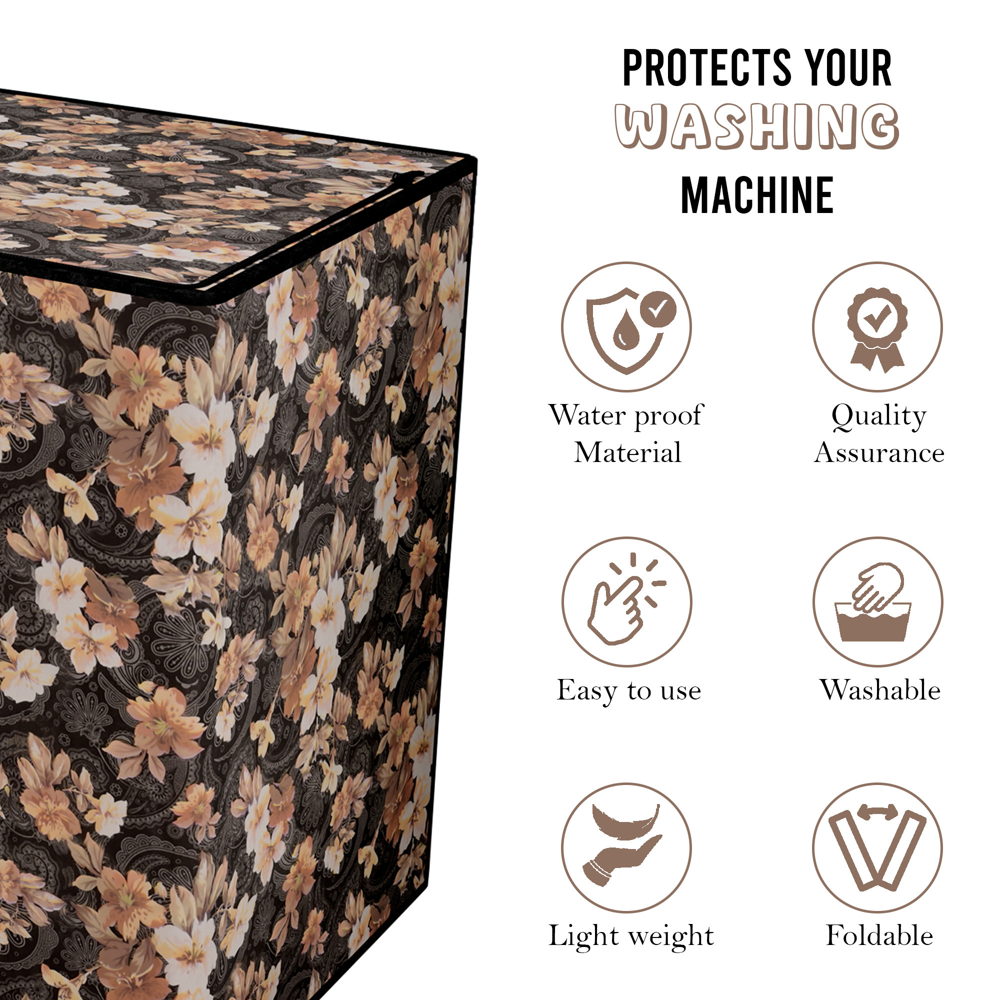 Kuber Industries Waterproof  Dustproof Semi-Automatic Washing Machine Cover 6 kg65 kg7 kg75 kg with Zip  Top Load Machine Cover With Cuts For Wires  Pipes  Grey Brown Flower