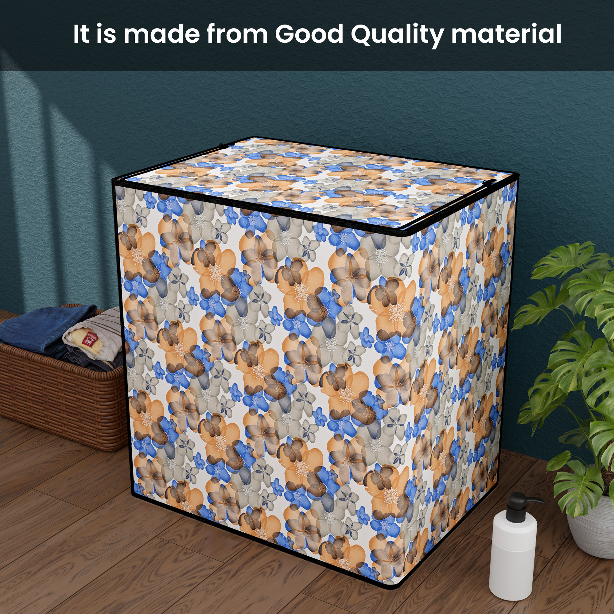 Kuber Industries Waterproof  Dustproof Semi-Automatic Washing Machine Cover 6 kg65 kg7 kg75 kg with Zip  Top Load Machine Cover With Cuts For WirePipe  White Blue Multi Flower