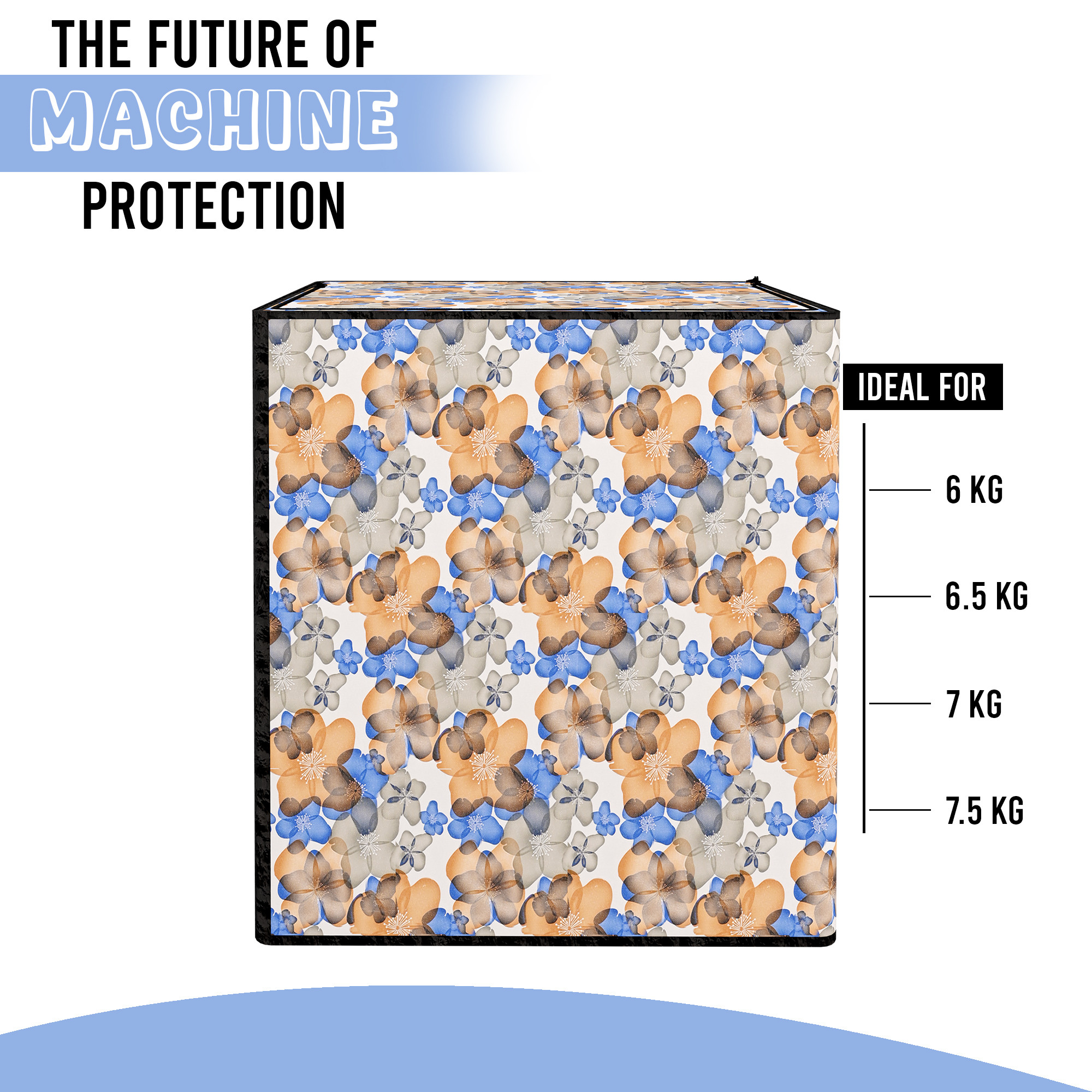 Kuber Industries Waterproof  Dustproof Semi-Automatic Washing Machine Cover 6 kg65 kg7 kg75 kg with Zip  Top Load Machine Cover With Cuts For WirePipe  White Blue Multi Flower