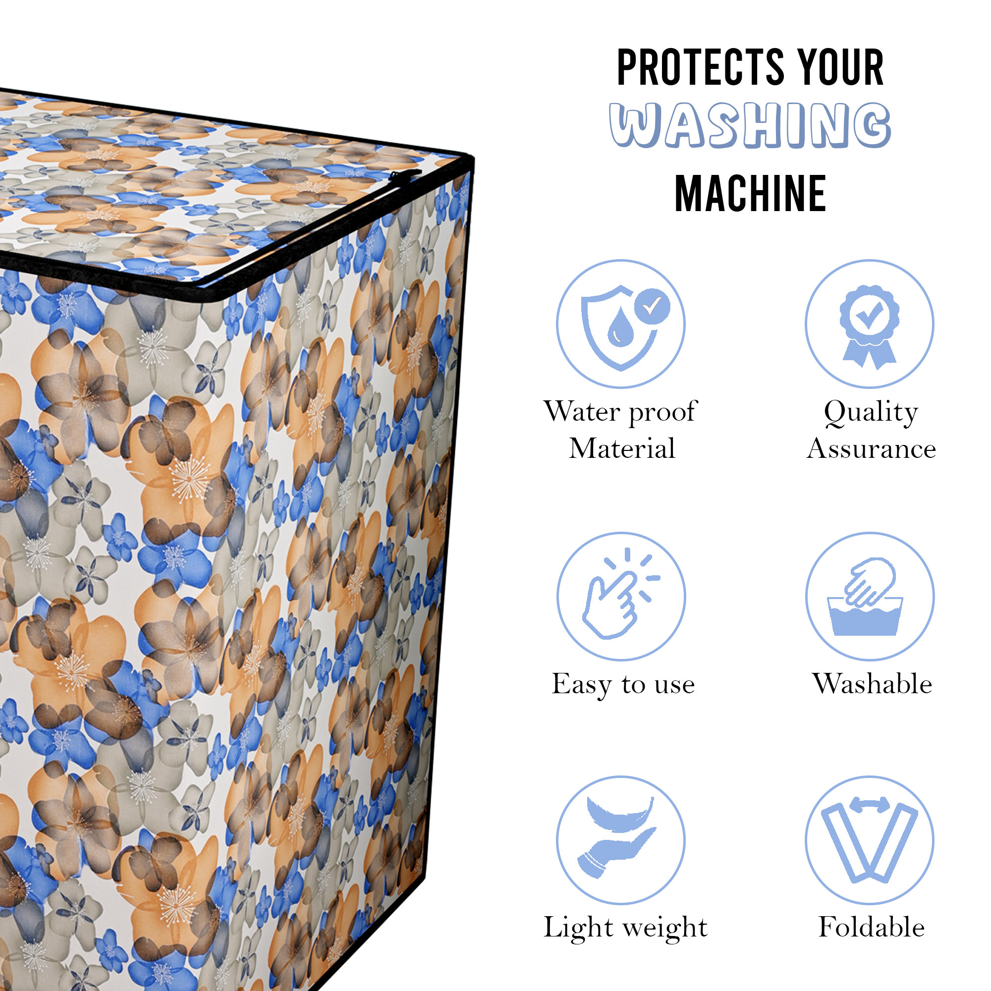 Kuber Industries Waterproof  Dustproof Semi-Automatic Washing Machine Cover 6 kg65 kg7 kg75 kg with Zip  Top Load Machine Cover With Cuts For WirePipe  White Blue Multi Flower