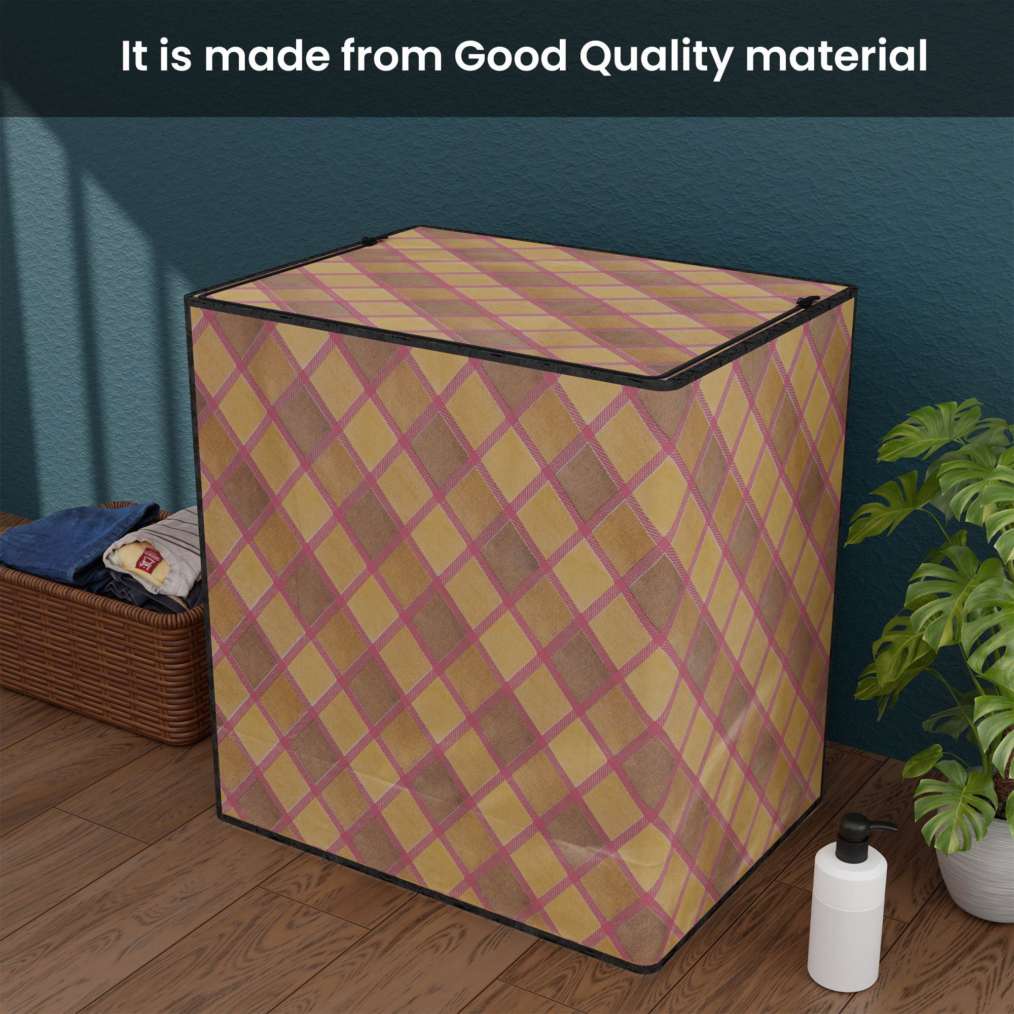 Kuber Industries Waterproof  Dustproof Semi-Automatic Washing Machine Cover 6 kg65 kg7 kg75 kg with Zip  Top Load Machine Cover With Cuts For Wires  Pipes  Maroon Golden Check