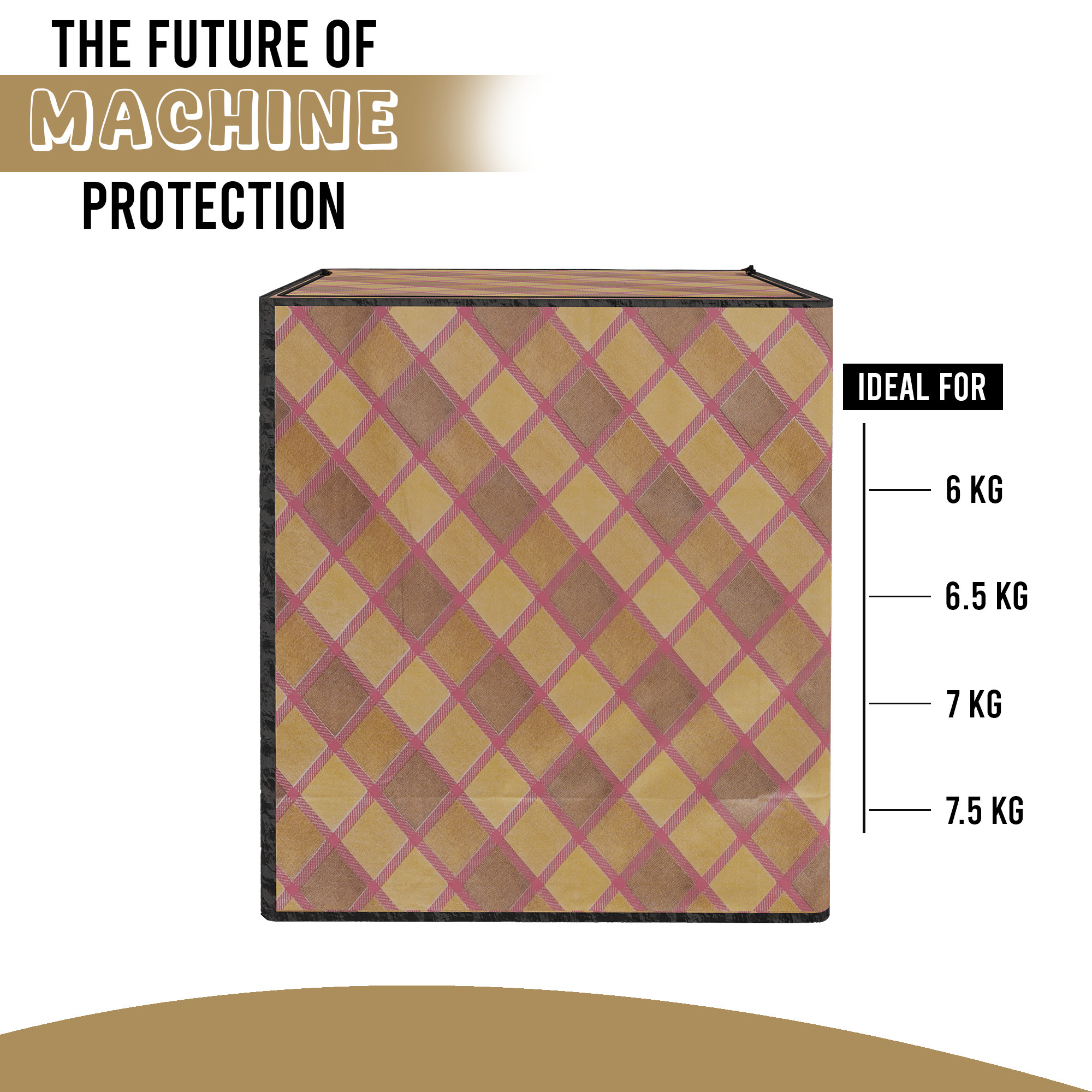 Kuber Industries Waterproof  Dustproof Semi-Automatic Washing Machine Cover 6 kg65 kg7 kg75 kg with Zip  Top Load Machine Cover With Cuts For Wires  Pipes  Maroon Golden Check