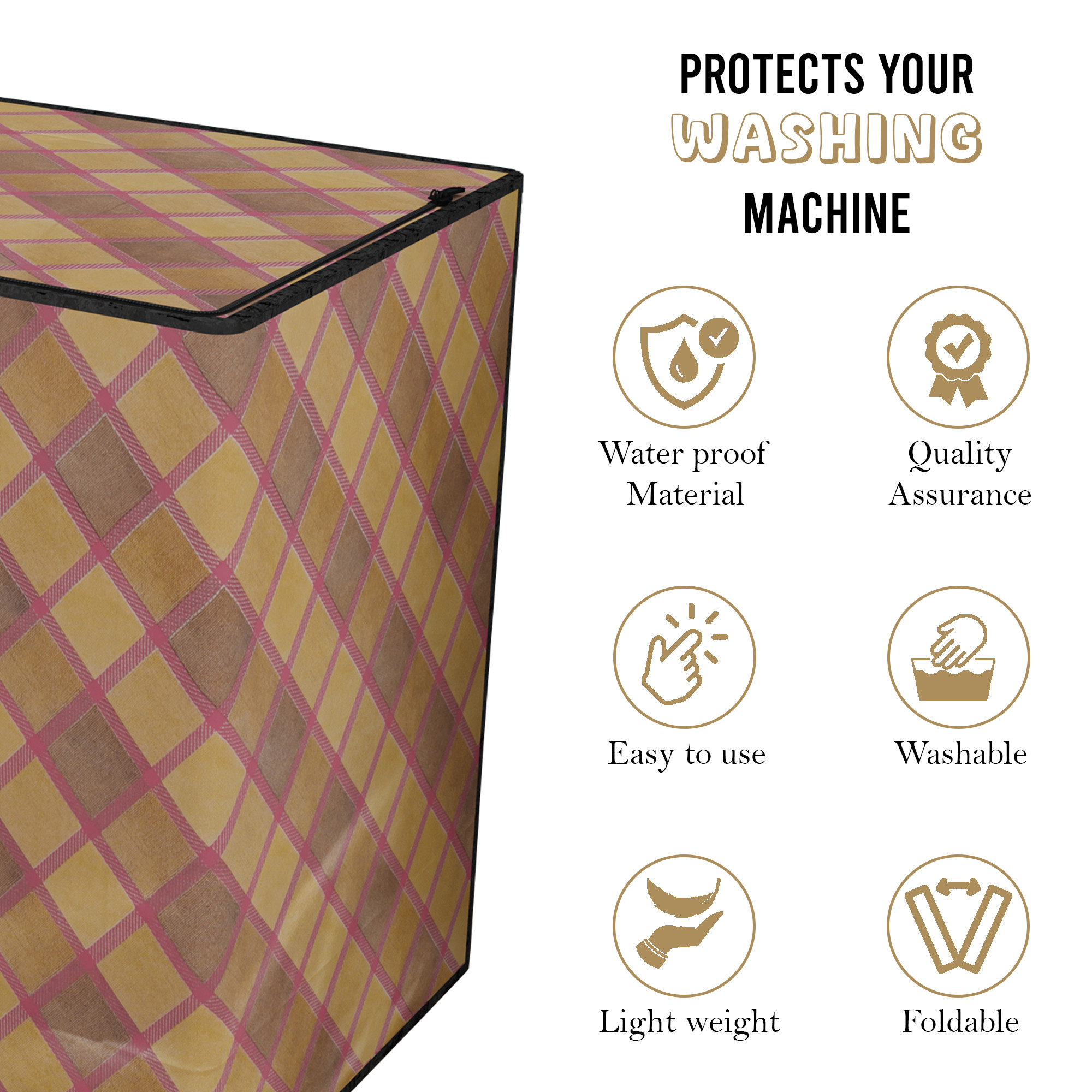 Kuber Industries Waterproof  Dustproof Semi-Automatic Washing Machine Cover 6 kg65 kg7 kg75 kg with Zip  Top Load Machine Cover With Cuts For Wires  Pipes  Maroon Golden Check