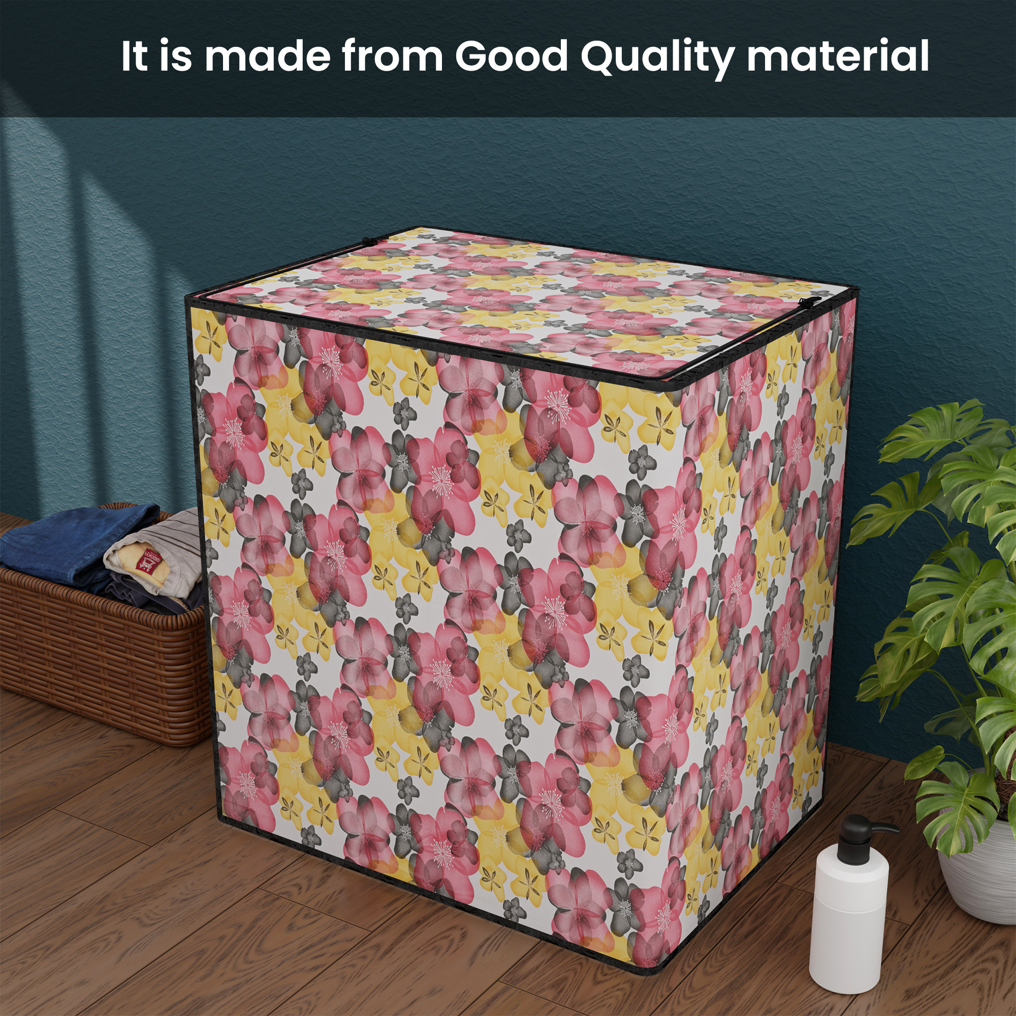 Kuber Industries Waterproof  Dustproof Semi-Automatic Washing Machine Cover 6 kg65 kg7 kg75 kg with Zip  Top Load Machine Cover With Cuts For Wire  Pipe  White Red Multi Flower