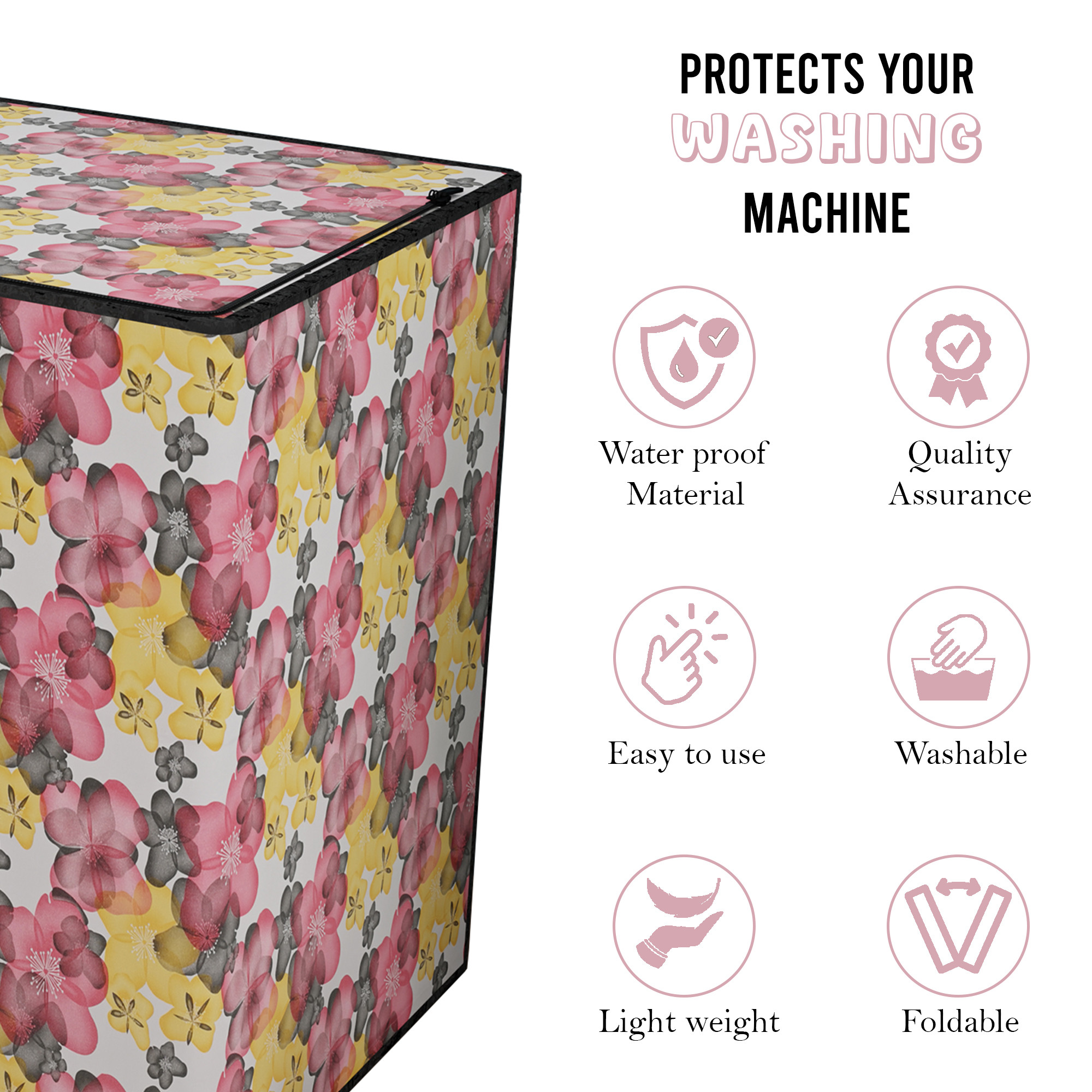 Kuber Industries Waterproof  Dustproof Semi-Automatic Washing Machine Cover 6 kg65 kg7 kg75 kg with Zip  Top Load Machine Cover With Cuts For Wire  Pipe  White Red Multi Flower